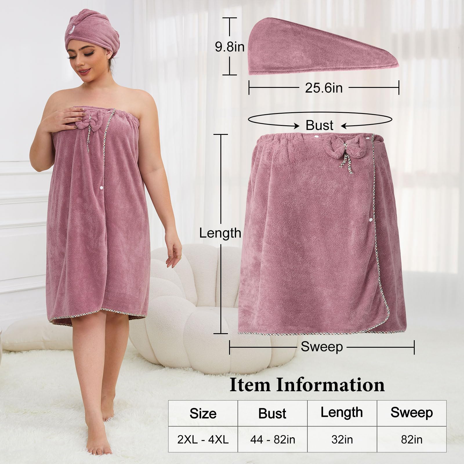 GOSCHE Plus Size Towel Wrap with Hair Towel for Women, XXL-XXXXL, Wearable Shower Towel Wrap, Bathrobe, Oversized Spa Towel, Purple