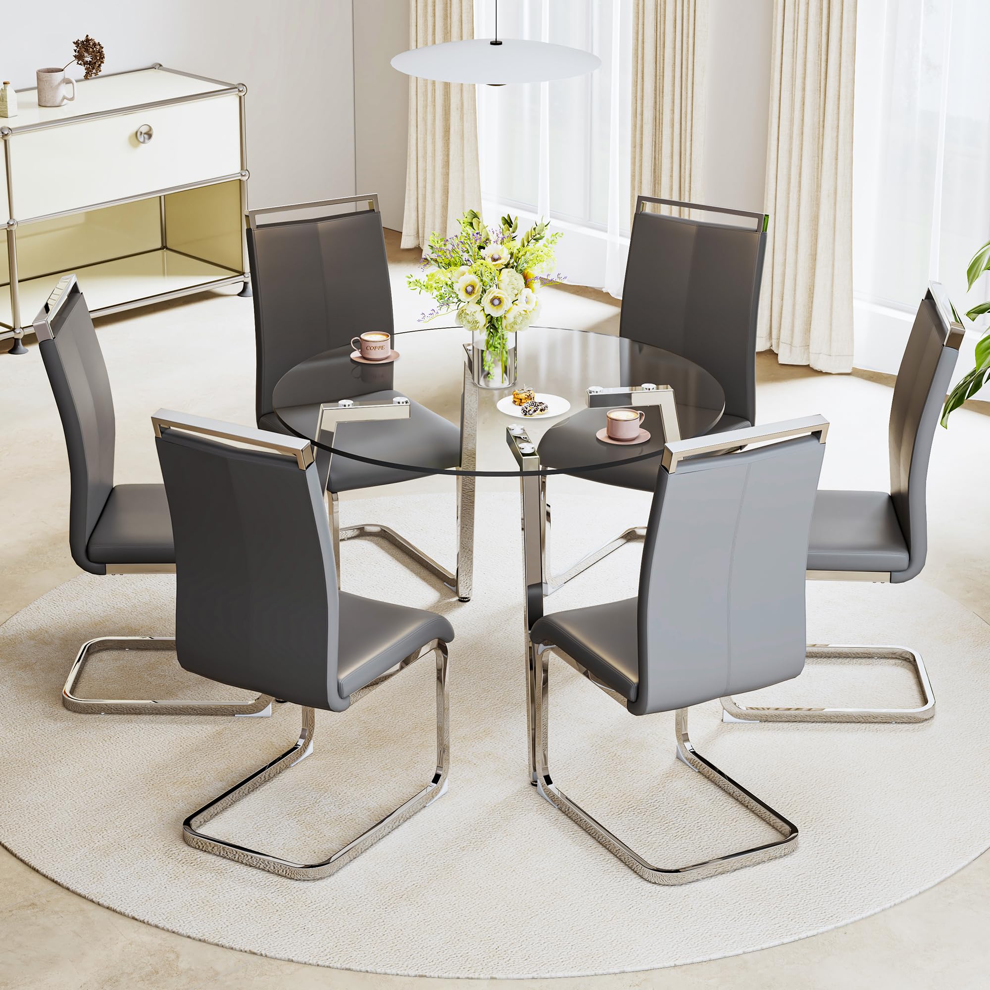 gopop 7-Piece Dining Table Set for 6, Round Glass Dining Table Set for 6, Tempered Glass Table Top&6 Chairs with Faux Leather Padded Seat High Back