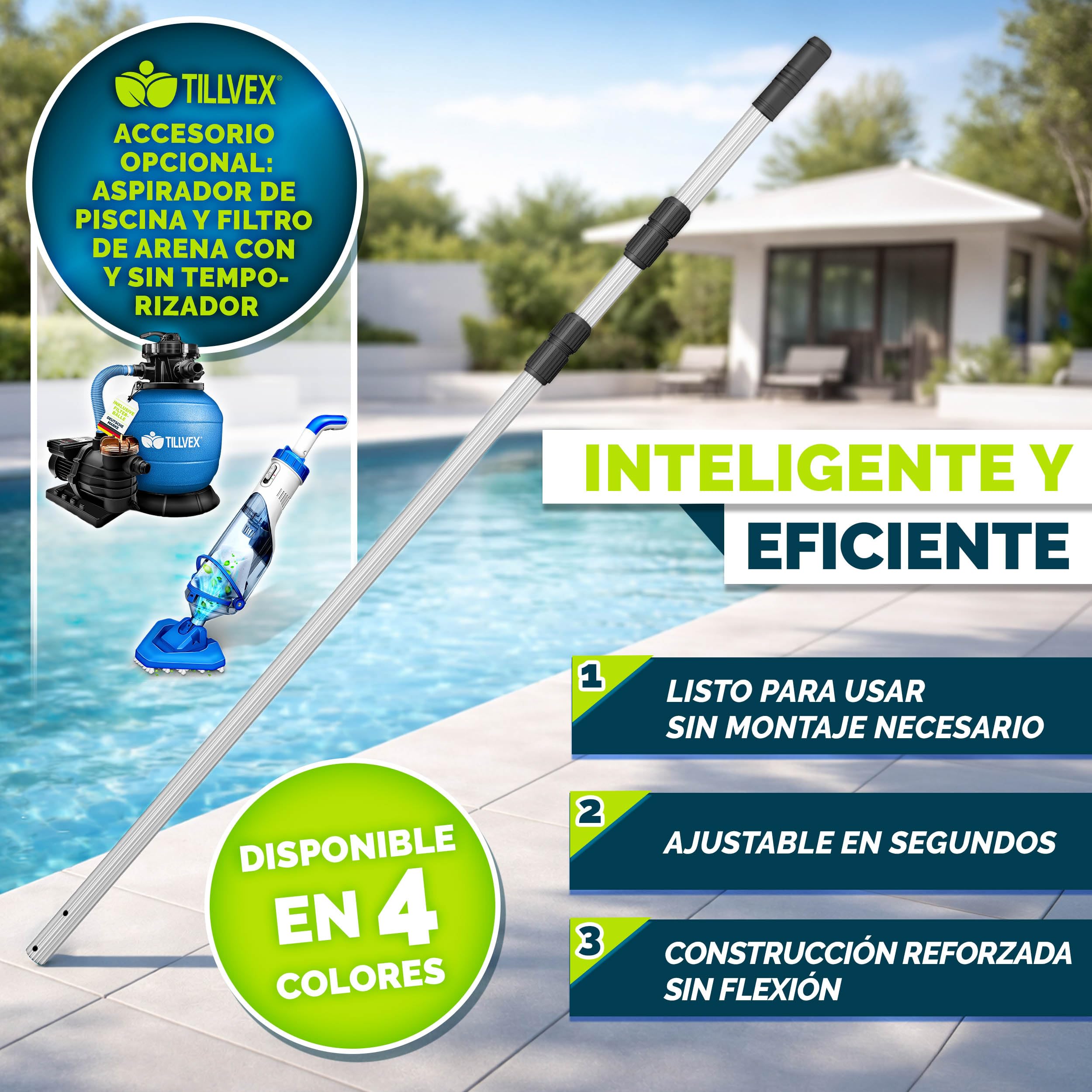 tillvex Barra telescópica para Piscina 1,20-3,60 m, Barra de Piscina de Aluminio, Barra para Limpieza de Piscinas, 3 Piezas