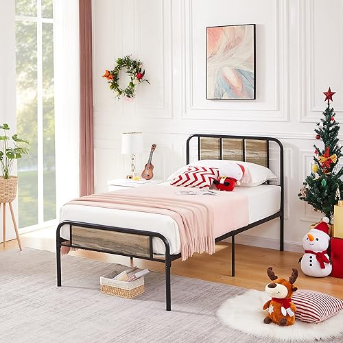 Miniatura 18 de VECELO Base de cama de plataforma de tamaño matrimonial con cabecero de madera, soporte de listones de acero resistente, relleno de colchón, no Gris