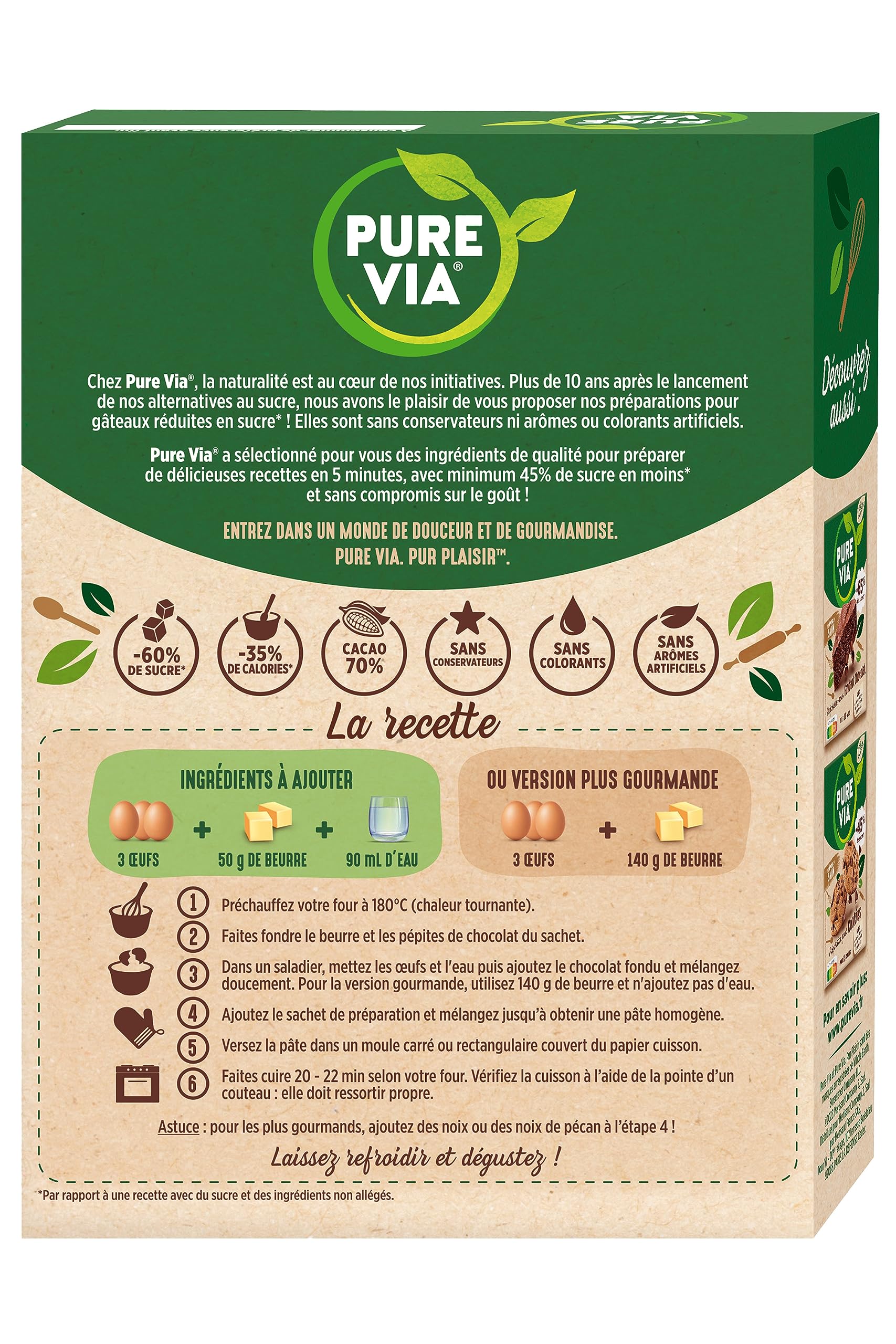 Pure Via - Préparation pour Brownie - Moins 60% de sucre - 337g