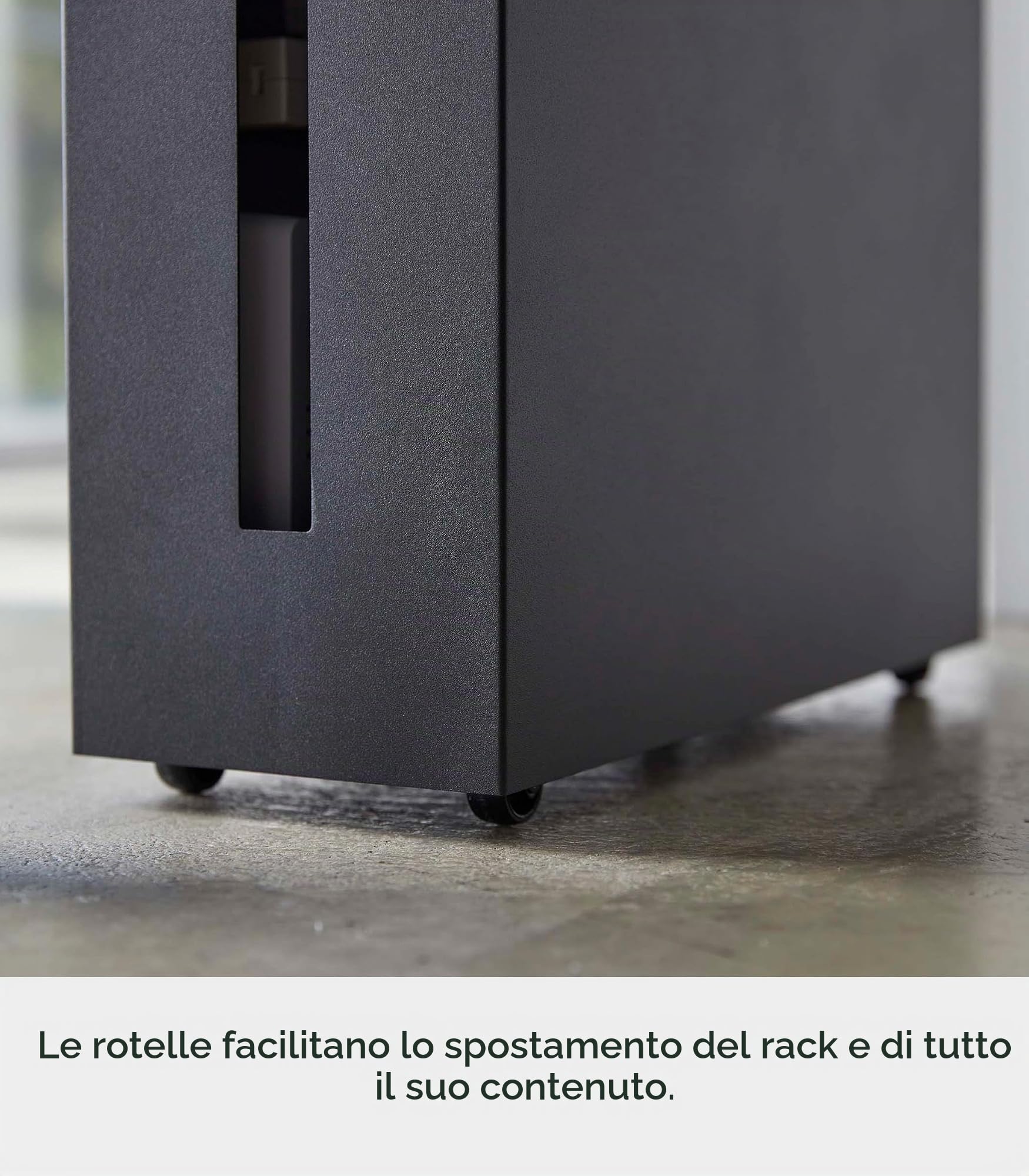 Yamazaki 5404 TOWER Scatola per cavi con rotelle, nero, acciaio, design minimalista, 15 x 40 x 34,5 cm (LxPxA)
