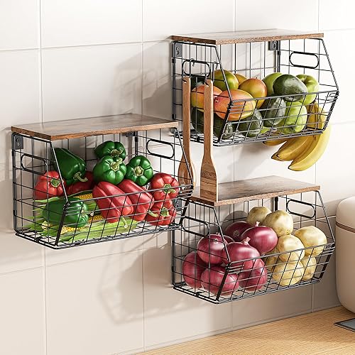 Delamu Cesta de frutas apilable de metal con tapa de madera, paquete de 3, organizador de pared colgante para encimera de cocina, almacenamiento de