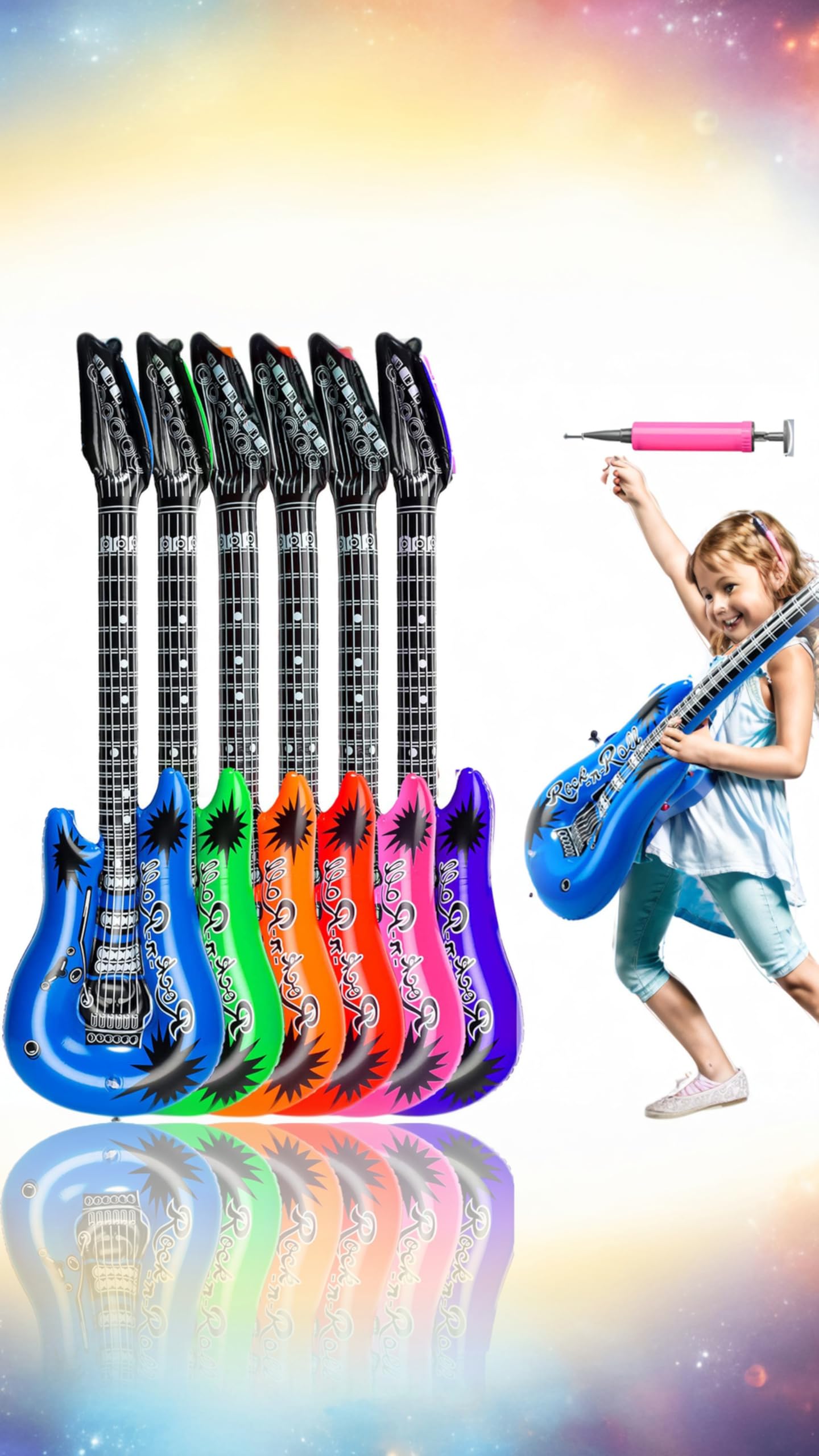 6 Pcs Waterproof Inflatable Guitar, Reusable Assorted Color Inflatable Guitar, for Birthday, Karaoke-Themed Parties, Rock, and Roll Party Favors. Including Air Pump at Random Color