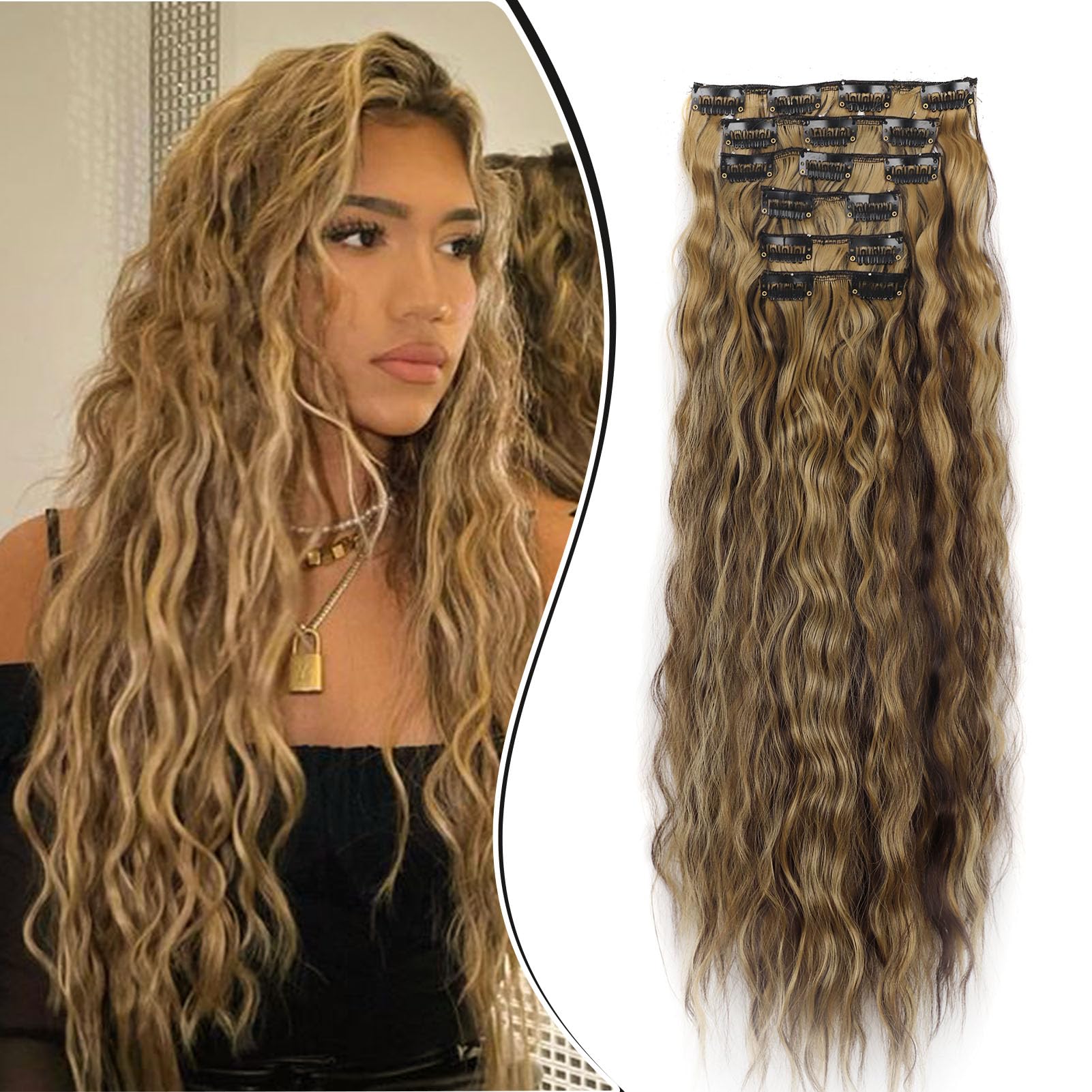 Dcbaboo 50cm Extensiones Pelo Sintetico Clip Ondulado 6PCS Extensiones de Clip de Pelo Rizado Extensiones de Cabello Largo con Clip Postizos de Pelo para Mujeres 140g, Castaño Medio/Rubio Oscuro