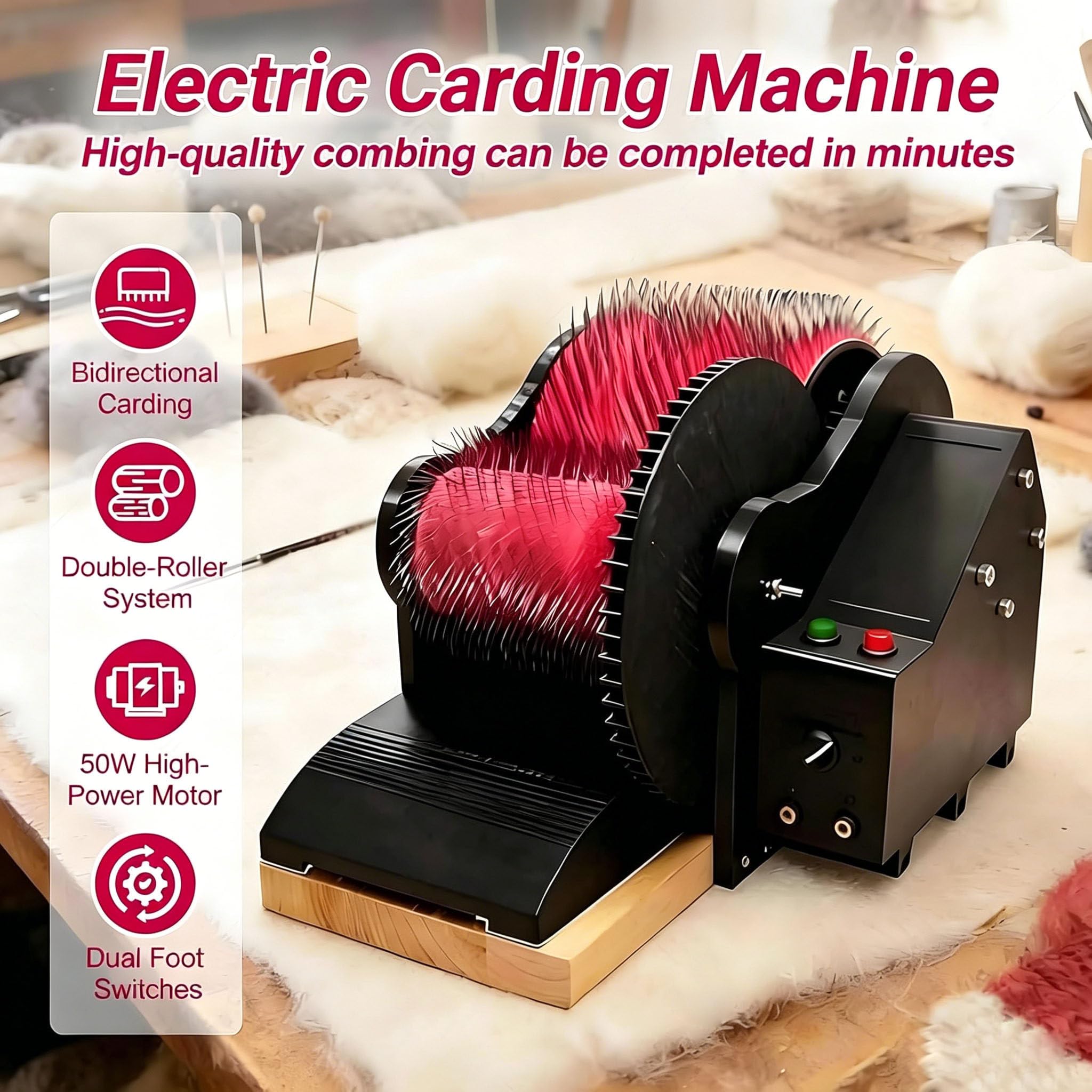 Cardatrice Elettrica, Rimuove Le Impurità dalle Fibre, Miscelazione Rapida dei Colori, Pettinatura E Filatura, Pedale per Lana, Doppi Rulli per Filatura, Infeltrimento E Filati Artistici