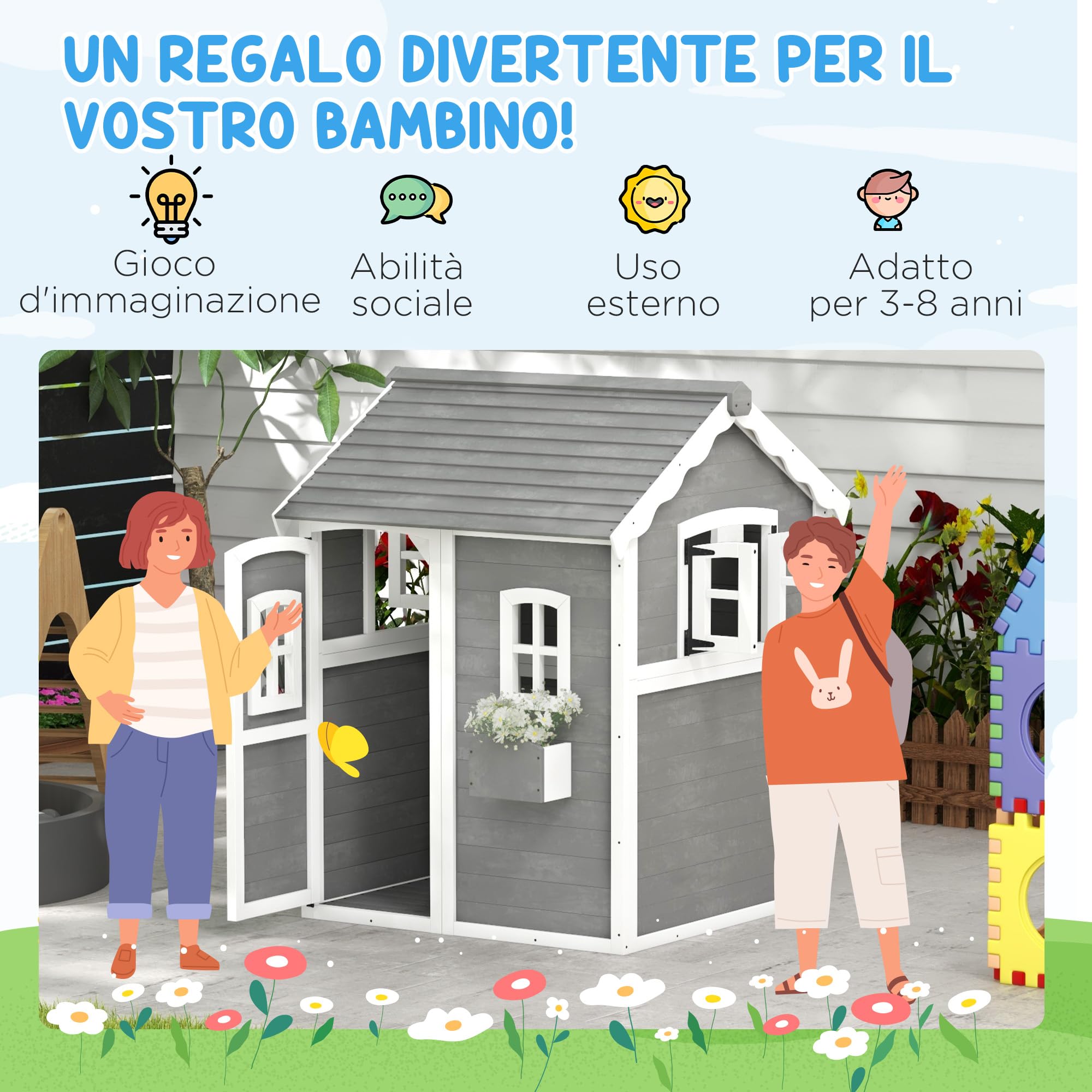 Outsunny Casetta per Bambini 3-8 Anni con 6 Finestre e Fioriera, Casetta da Gioco in Legno di Abete, 104.5x110x137 cm, Grigia