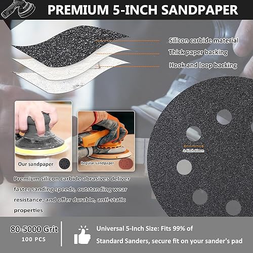 Miniatura 2 de 100 discos de lijado de gancho y bucle de 5 pulgadas, lijadora orbital húmeda y seca de 8 agujeros, papel de lija surtido de grano 80-5000, papel de