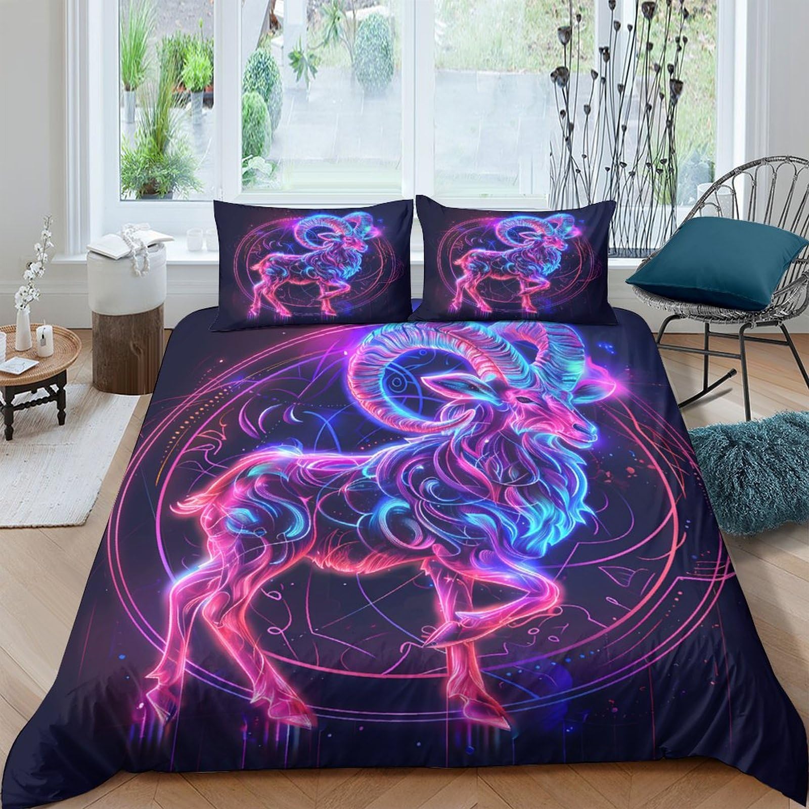 Ctjqhvkz Style-7 3D Printed Neon Ram Fitted Sheet Microfiber Soft Anti-Slip Cosmic Zodiac Mattress Cover Bedroom Decor Single（135X200cm）