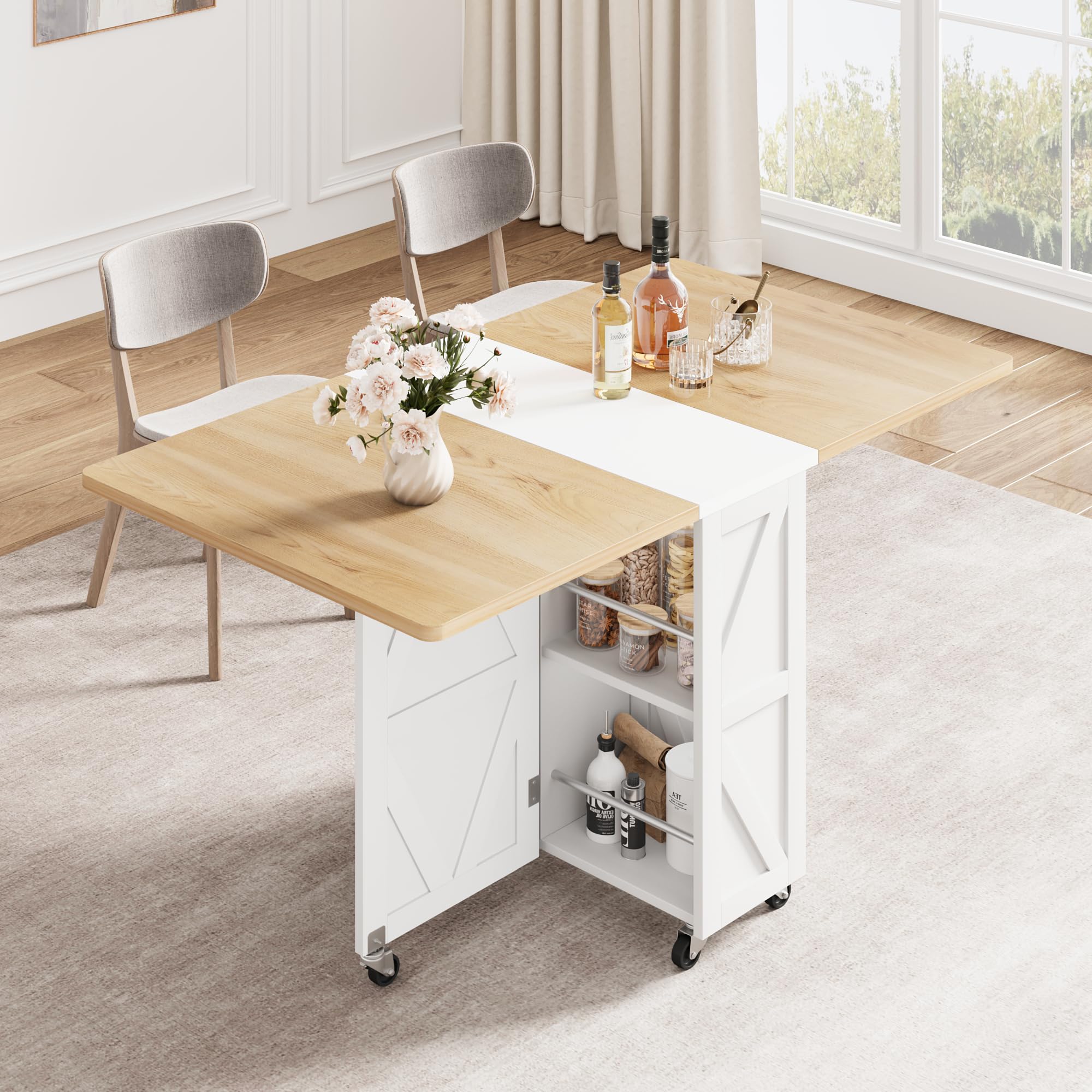 Jocoevol Table à Manger Pliante sur roulettes, Table De Cuisine avec Tiroir Et Espace De Rangement pour 2 À 4 Personnes, Idéale pour Petits Espaces, Salles À Manger Et Cuisines (Érable Blanc)