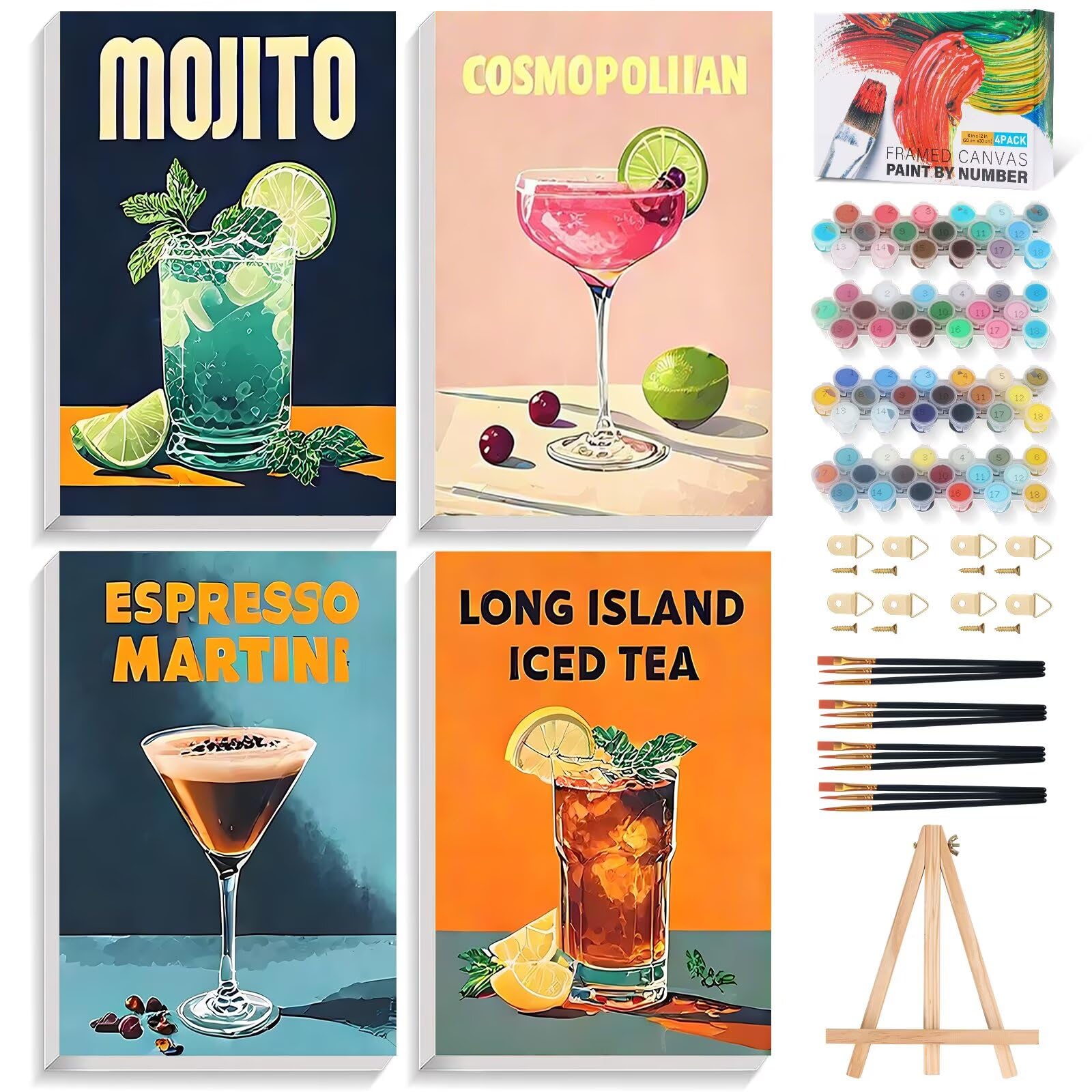 4 Pack Paint by Numbers for Adults with Frame, Cocktail Adult Paint by Number Canvas Kits with Wooden Easel, DIY Acrylic Cocktails Painting by Numbers for Home Wall Decor Gift 8x12 Inch/20x30cm
