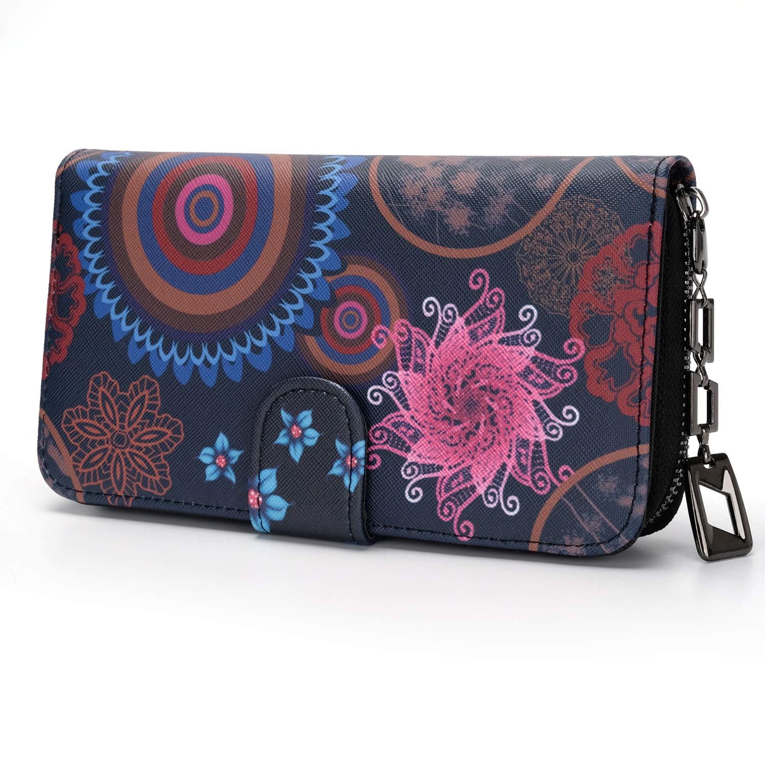 MoFut Women's Wallet, Large Long Wallet, Floral Floral Design, Mandala Ethnic Style, Zip Closure Wallet with Press Stud and Many Compartments