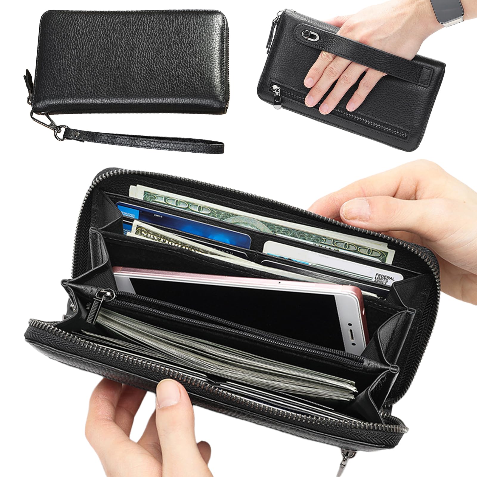 Cartera de piel de vacuno plegable delgada de gran capacidad con cremallera, regalos personalizados para papá y marido