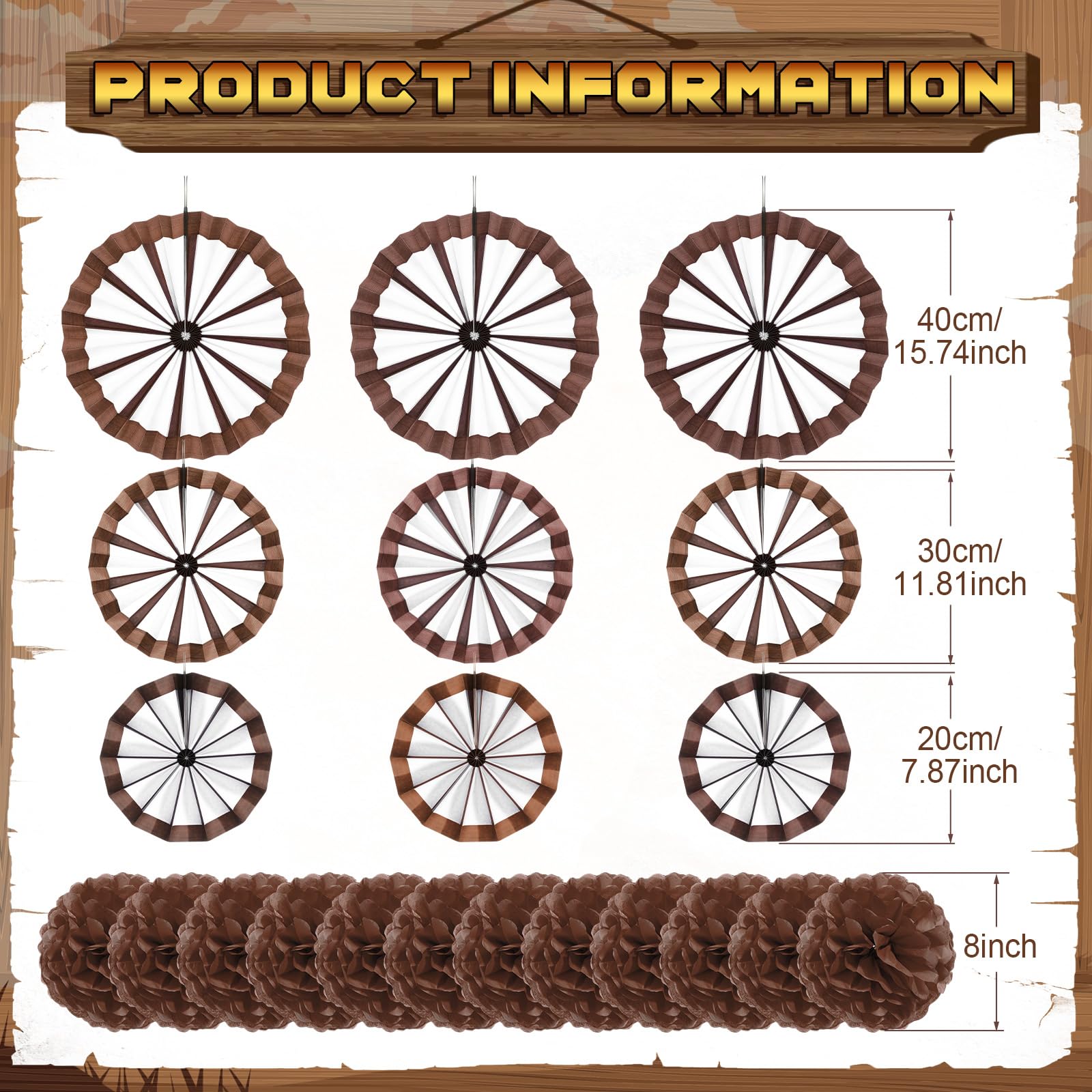 Outus 21 Pcs Western Party Hanging Decoration Wagon Wheel Paper Fans Brown Paper Pom Poms Country Western Hanging Fans Tissue Flower for Wild Cowboy Themed Birthday Party Supplies Decor