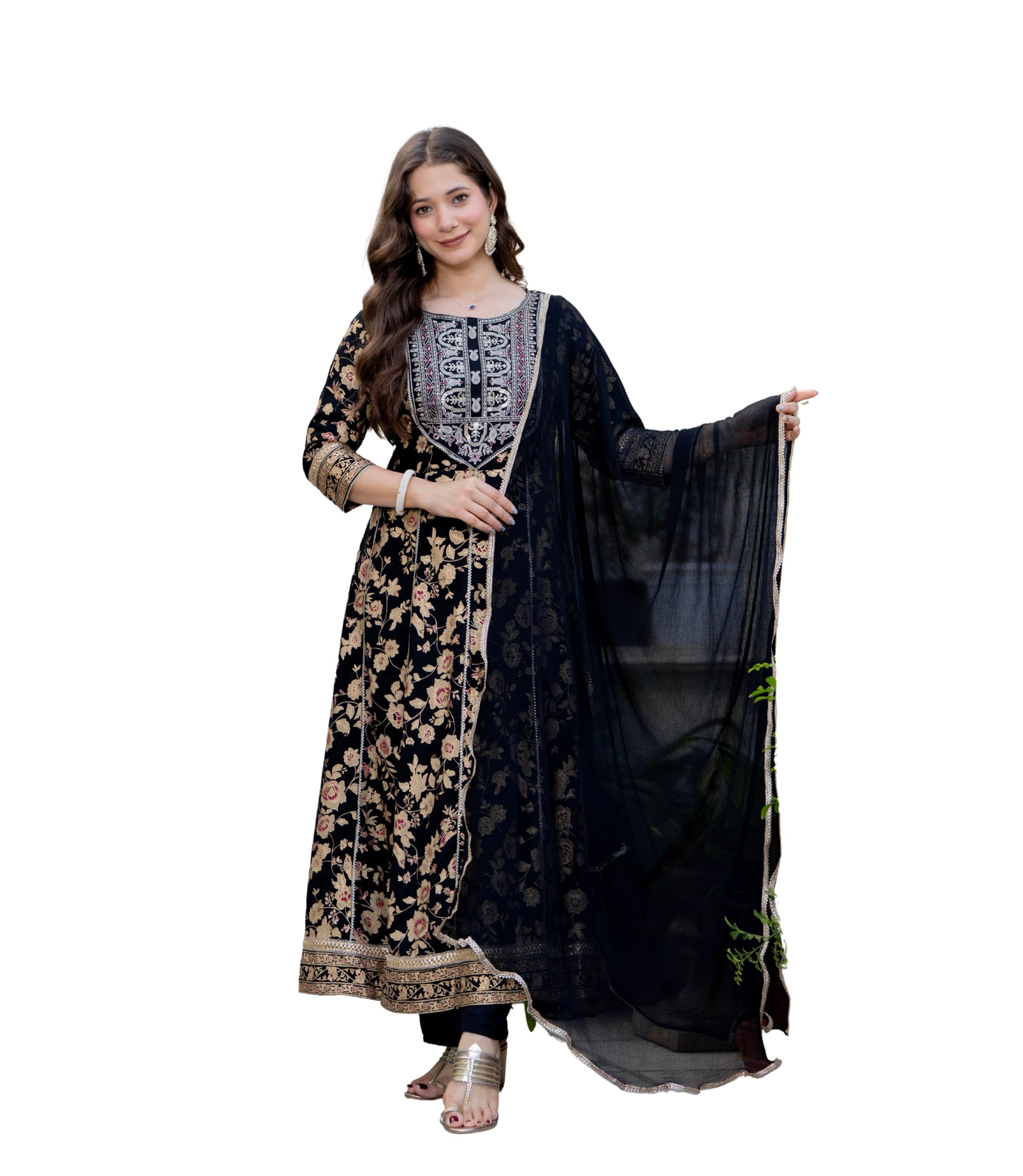 manharee Women's Rayon Printed Anarkali Black Kurta Pant with Dupatta Set-picture-23