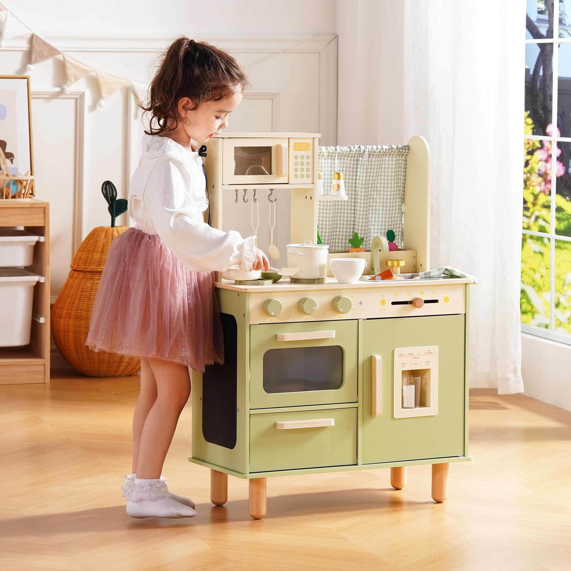 ROBUD Kinderküche aus Holz – Spielküche mit Kühlschrank, Eiswürfelspender, Backofen & Zubehör, Rollenspielküche für Kinder