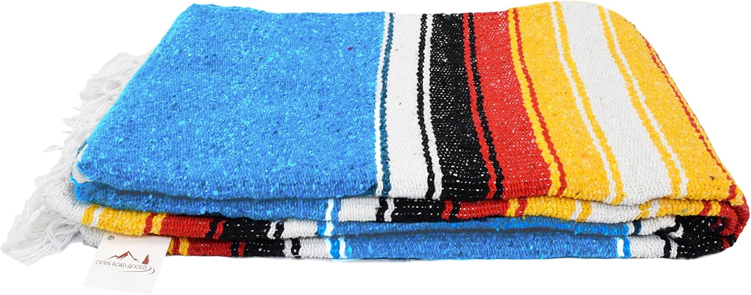 Open Road Goods Mexican Diamond Blanket - XL Heavyweight Yoga Blanket – Handmade in Mexico - Thick Boho Serape Saltillo Style Throw for Beach, Picnic, Home, Camping and More! (Sky Blue Sunset)