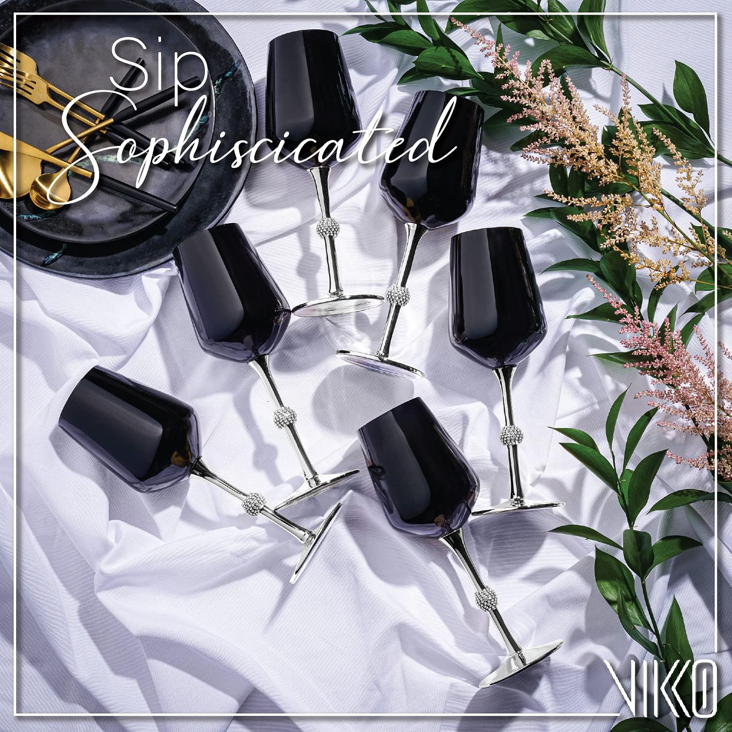 Vikko Décor Black and Silver Wine Glasses | 14.2 Ounce Cup – Striking Black and Silver Design with Diamante Accents – Dishwasher Safe – Set of Twelve Stunning Wine Glasses – 9.2” x 2.4”