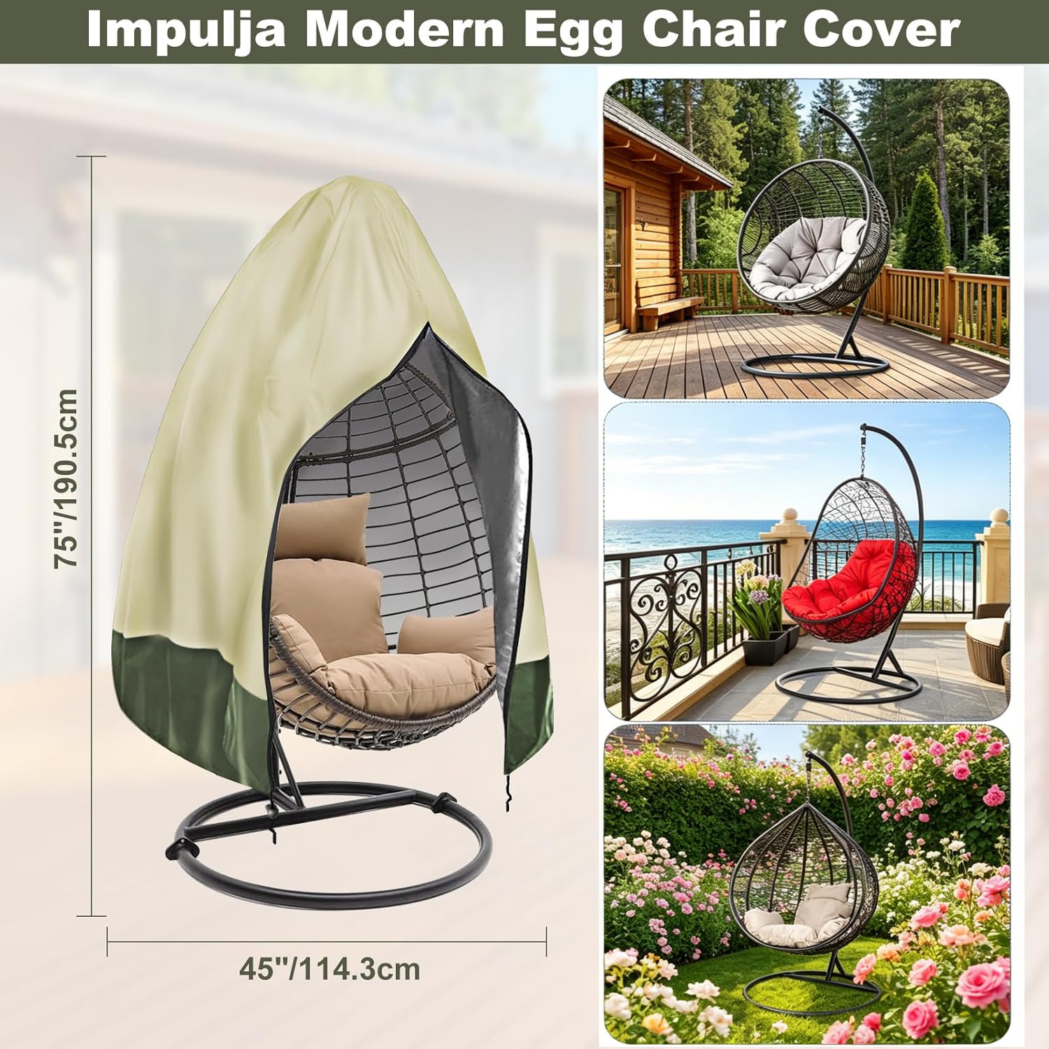 Housse de chaise en forme d'œuf avec fermeture éclair, résistante aux UV, résistante aux UV, housse de chaise en osier coupe-vent pour balancelle de terrasse, housse imperméable pour chaise à