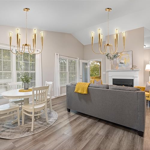 Miniatura 5 de Lámpara de araña dorada, 6 luces, modernos candelabros de granja para comedor, lámparas colgantes de vela, lámparas colgantes de techo para cocina,