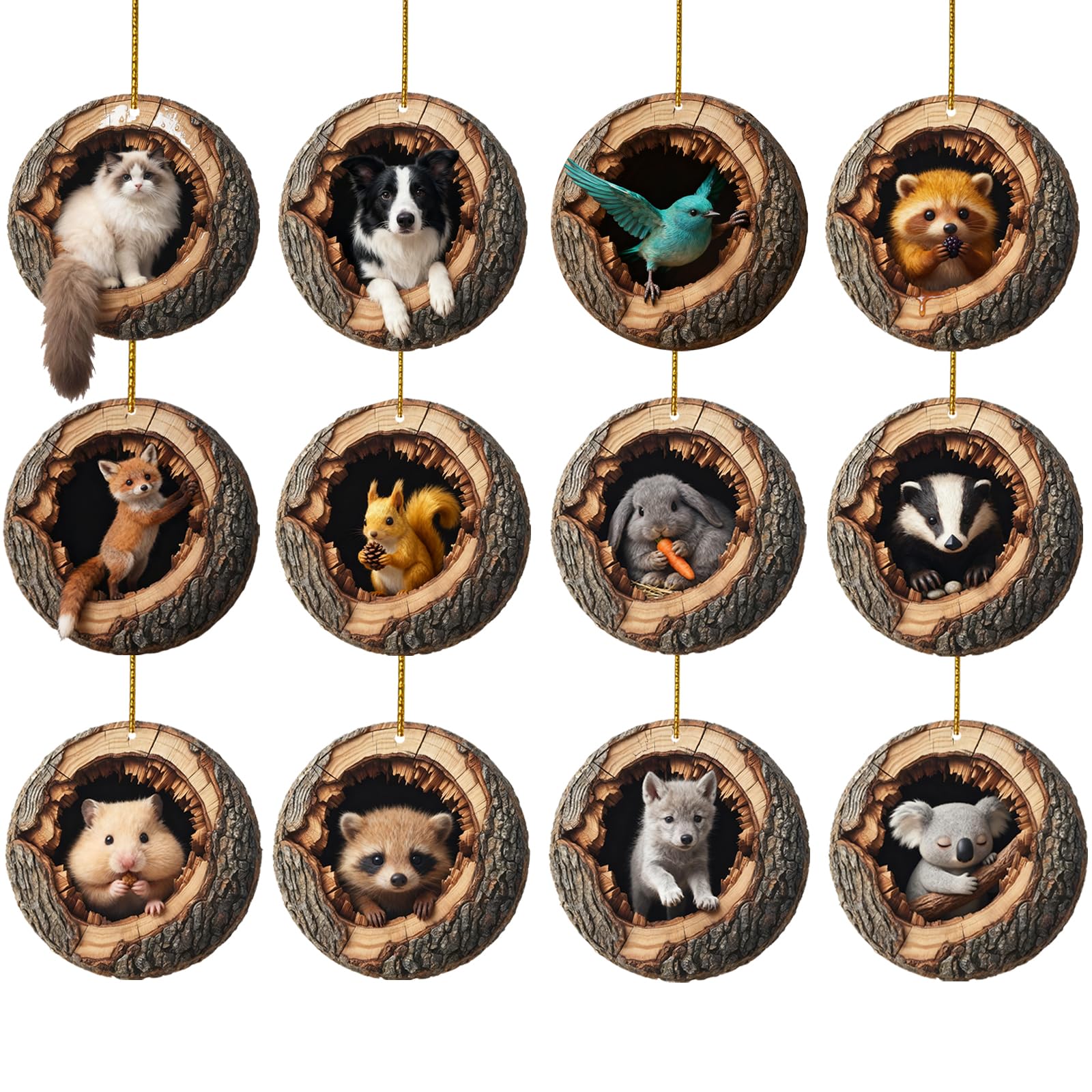 Laishengte 12Pcsf Animal Christmas Ornament 2D Flat Acrylic Forest Animal Decoration For Christmas Trees Hanging Decoration Gift (12Pcsf)