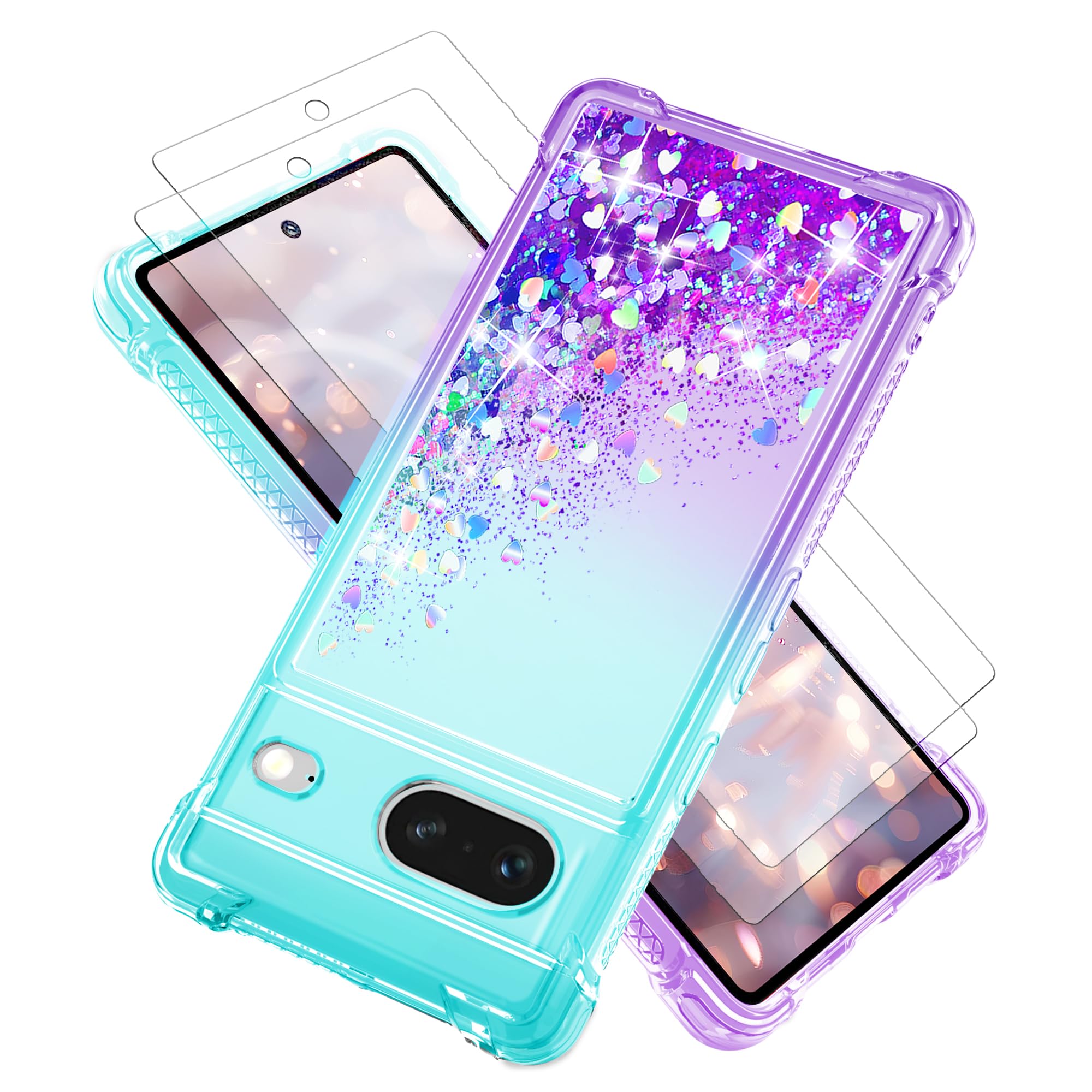 for Google Pixel 7 Case with Screen Protector*2, Clear Liquid Sparkle Glitter Floating Quicksand Phone Case, Soft TPU Bumper Shockproof Protective, Pixel 7 Case for Women Girls, Blue/Purple