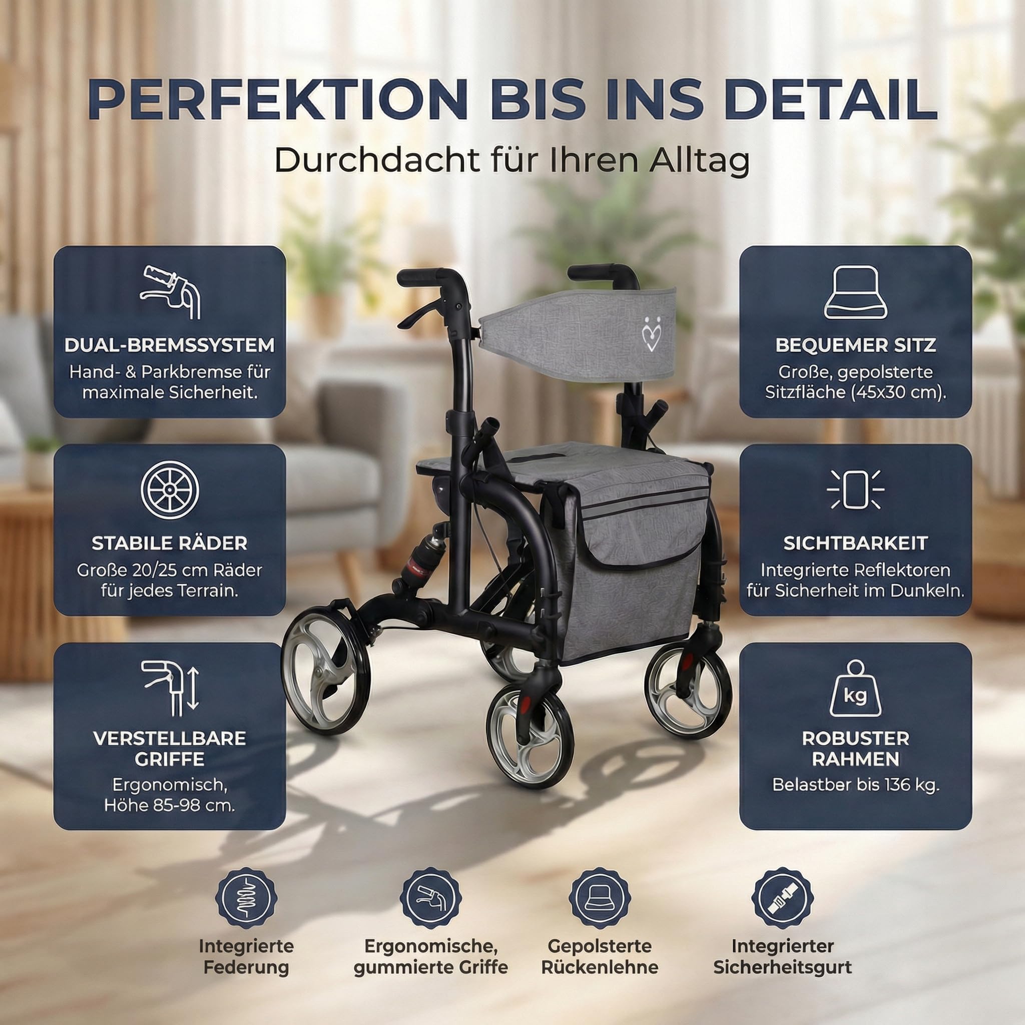 Rollator Rollstuhl 2 in 1 faltbar mit Federung, Matt-Schwarz
