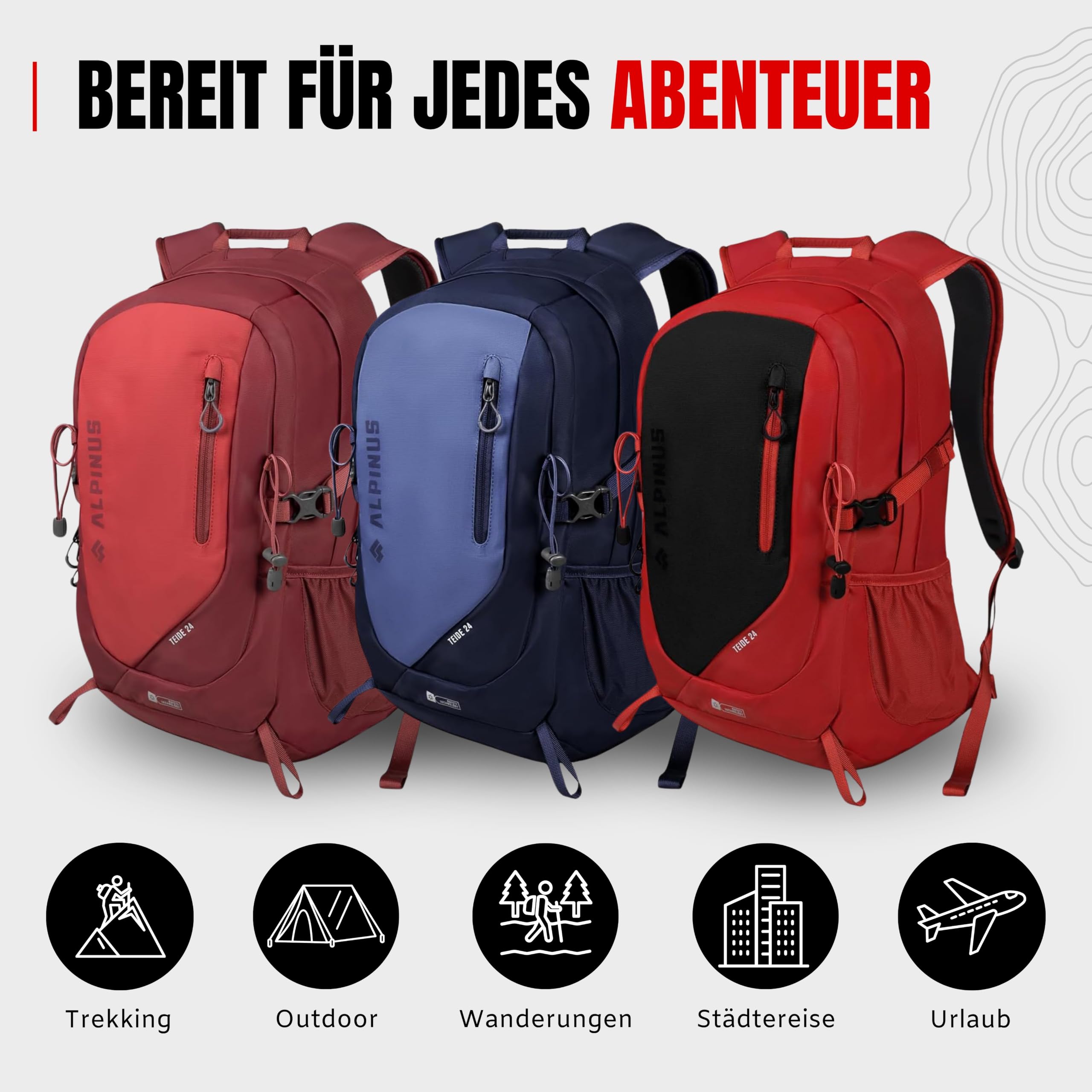 Alpinus Teide Wanderrucksack 24L Rot - Schwarz - Leichter Trekkingrucksack für Herren & Damen mit Belüftungssystem AVS, Kompakter Outdoor Daypack für Wandern, Tagestouren & Reisen, Regenschutz