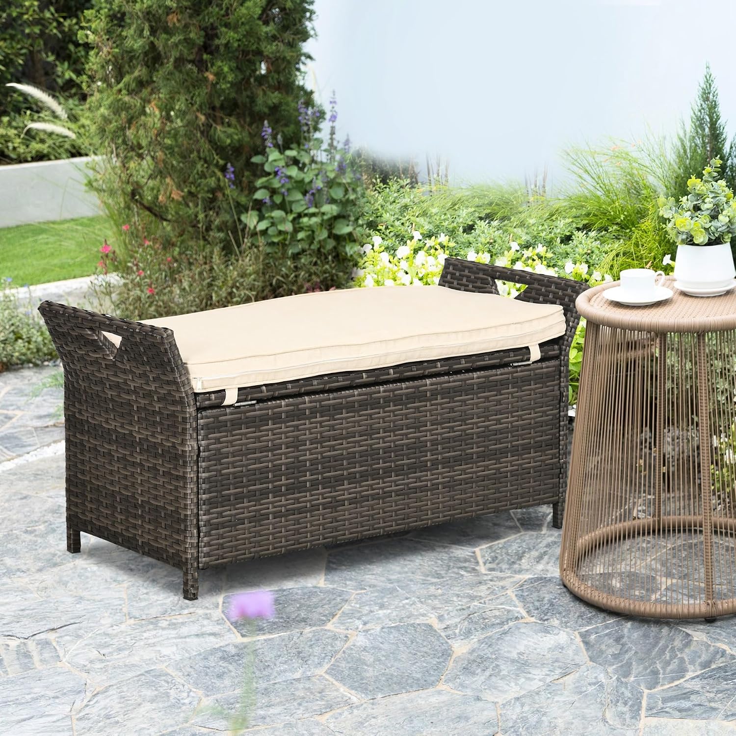 Outdoor Pe Bench, 27 Gallon Storage, Cream White with Cushion and Handles, Patio Furniture for Garden Chest Lid, Storage Bench Cushion, White, Handles Easy Movement