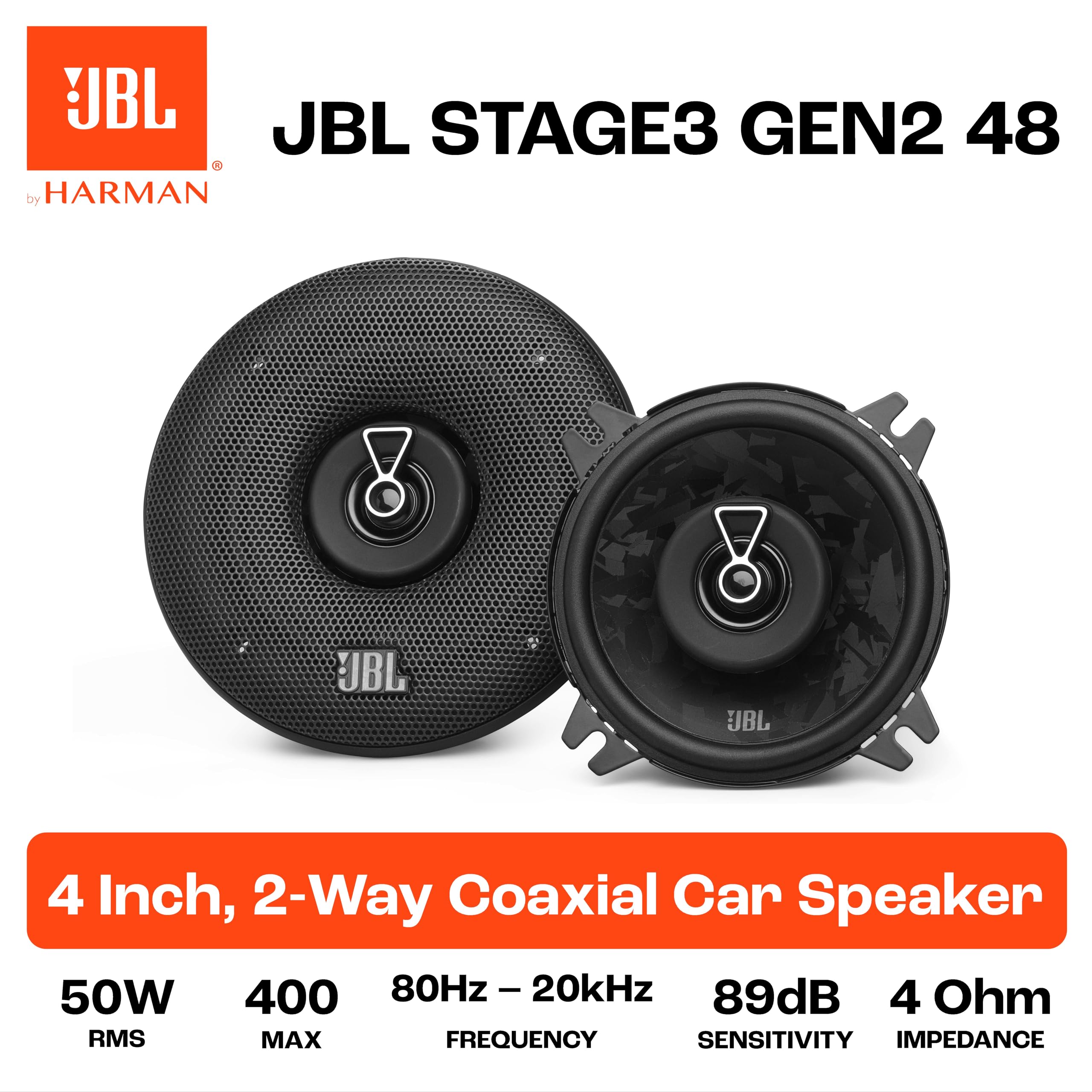 JBL Stage3 Gen2 48 Altavoces de Coche Coaxiales de 4 Pulgadas (100mm) con Rejilla 50W RMS 400W Pico Tecnología Plus One Fibra de Vidrio Impedancia 4 Ohmios para Sonido HiFi