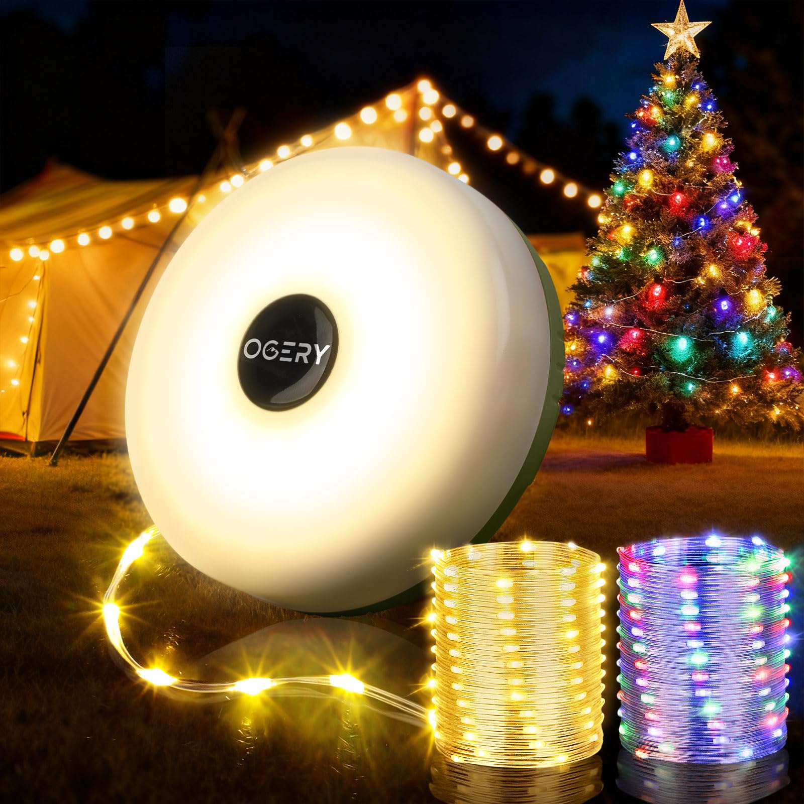 OGERY Camping String Lights, 32.8FT Rechargeable Christmas String Lights Outdoor/Indoor, 8 Modes 4-in-1 Quick Storage Fairy Lights Portable Lamp for Xmas Tree Decor Party Camping Essentials