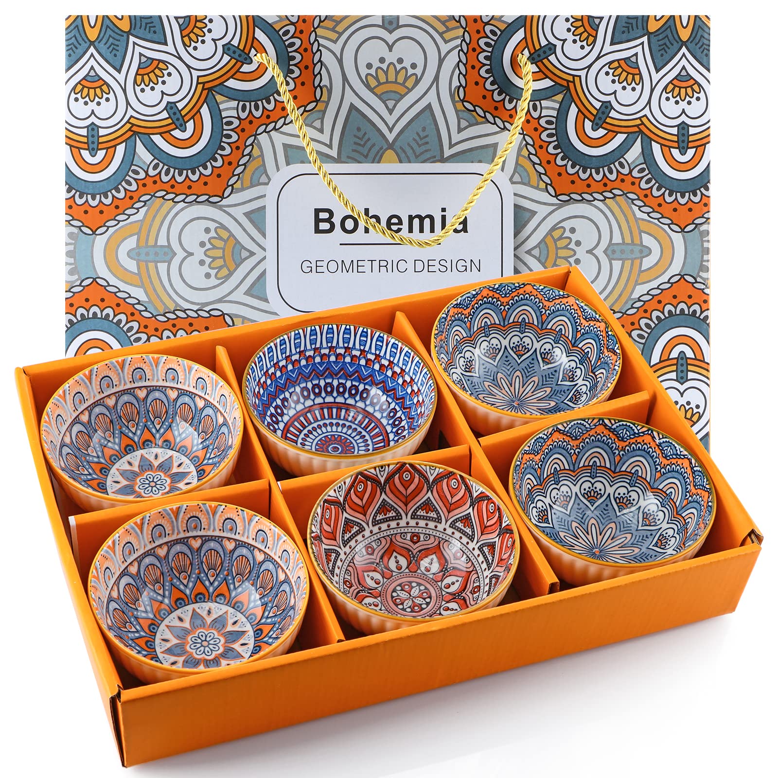 Skelang 6 Pcs Bols en porcelaine,300ml bols à céréales, bols de style bohème, pour pour céréales, soupe, dessert, collation, fruits, salad (motif géométrique)