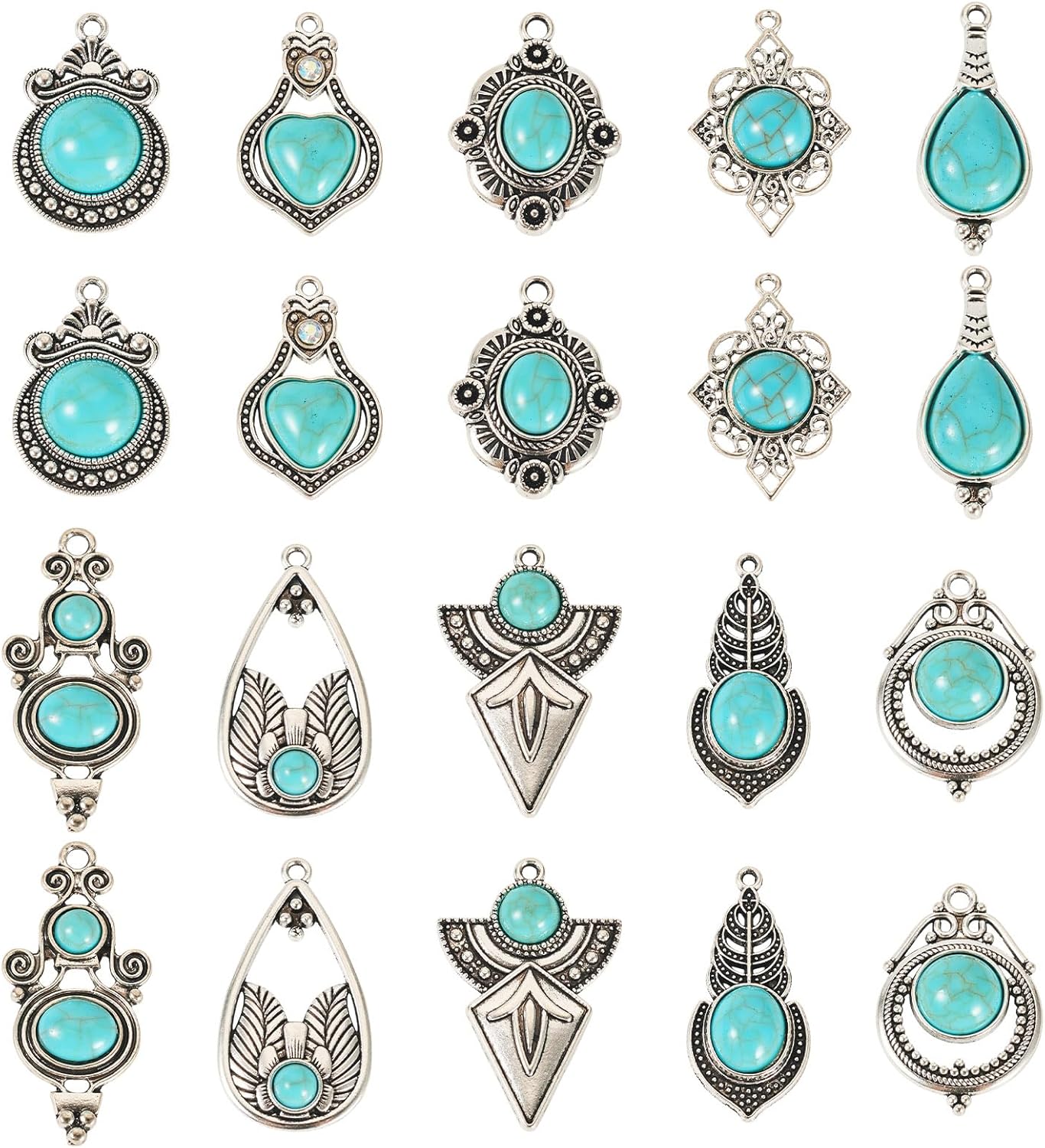 Craftdady Tibetan Turquoise Necklace Pendants Cattle Head Flower Rhombus Oval Teardrop Heart Flat Round Earring Charms Alloy Vintage Turquoise Bracelet Keychain Charms for DIY Jewelry Making - Image 9