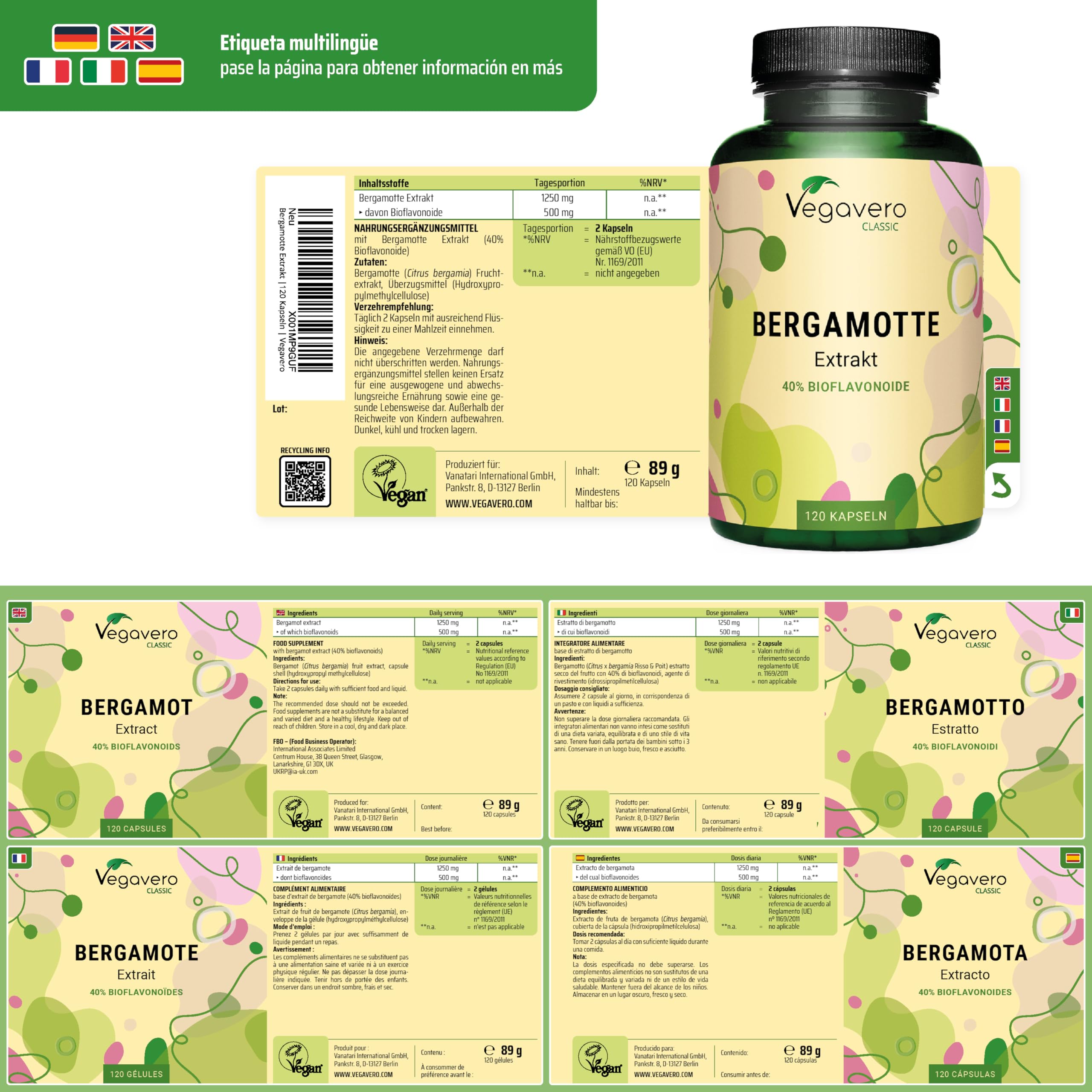 Bergamota Citrus Vegavero | 120 Cápsulas | Extracto de Fruta (15:1) | Sin Aditivos | 40% Bioflavonoides | Potente Antioxidante | Energizante Natural | 100% Vegano