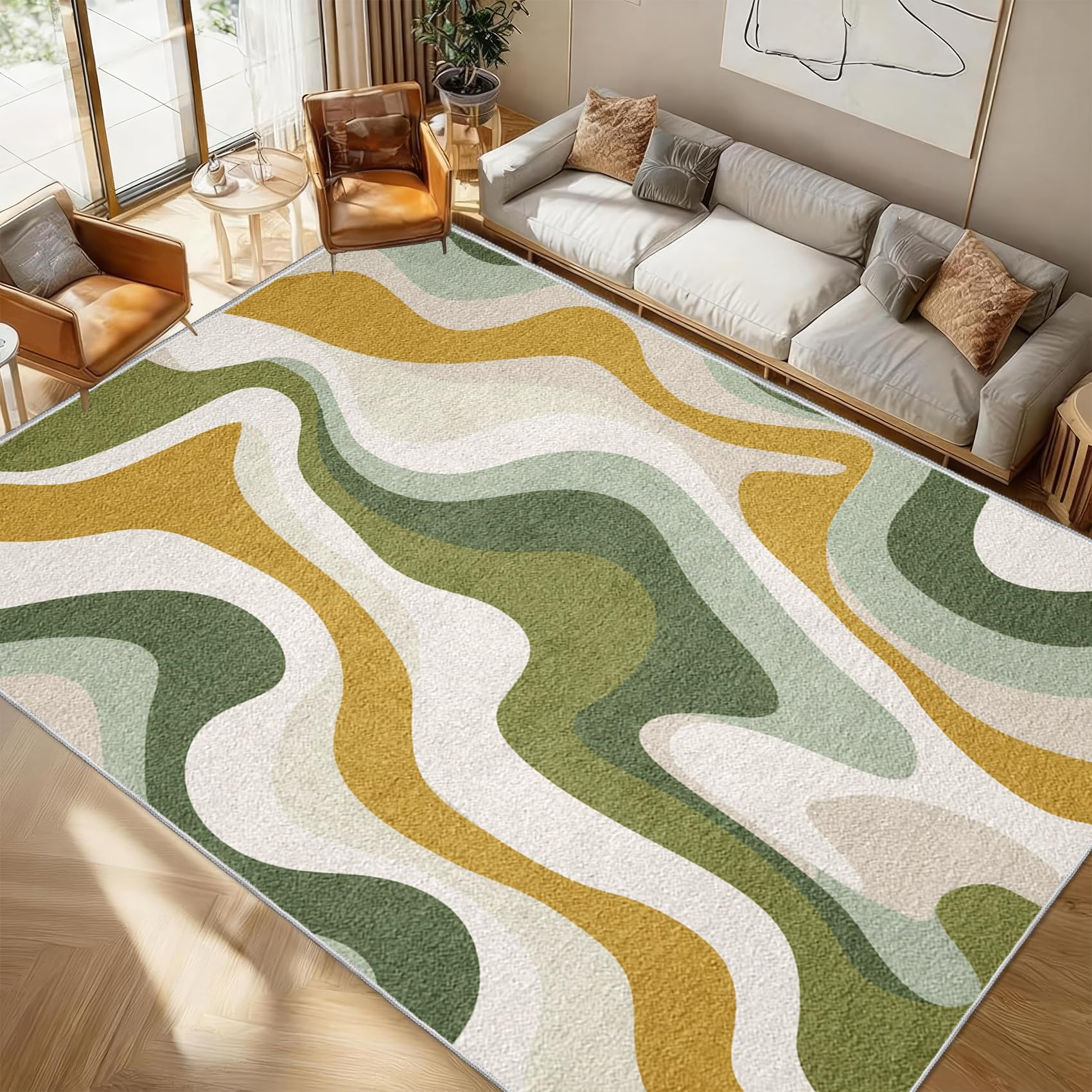Générique Tapis Salon Vintage 70s Abstrait 140x200 cm, Vague Groovy Retro Tapis Chambre Antidérapant, Jaune Moutarde Vert Sauge Tapis à Poils Ras Lavable pour Bureau Salle à Manger Cuisine R1J192t