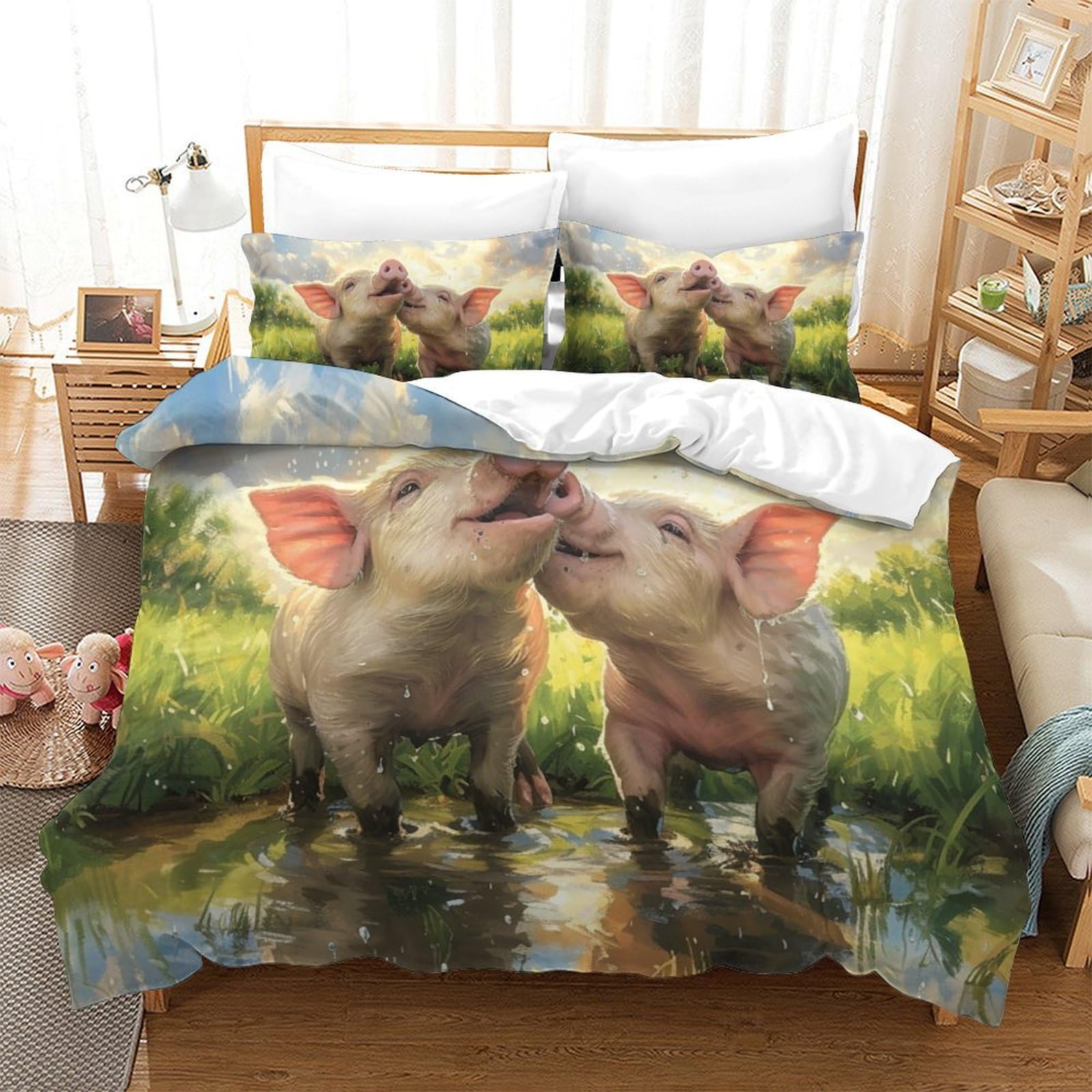 Housse de couette porcs 3D 260x220 cm respirante avec taies pour lit enfant