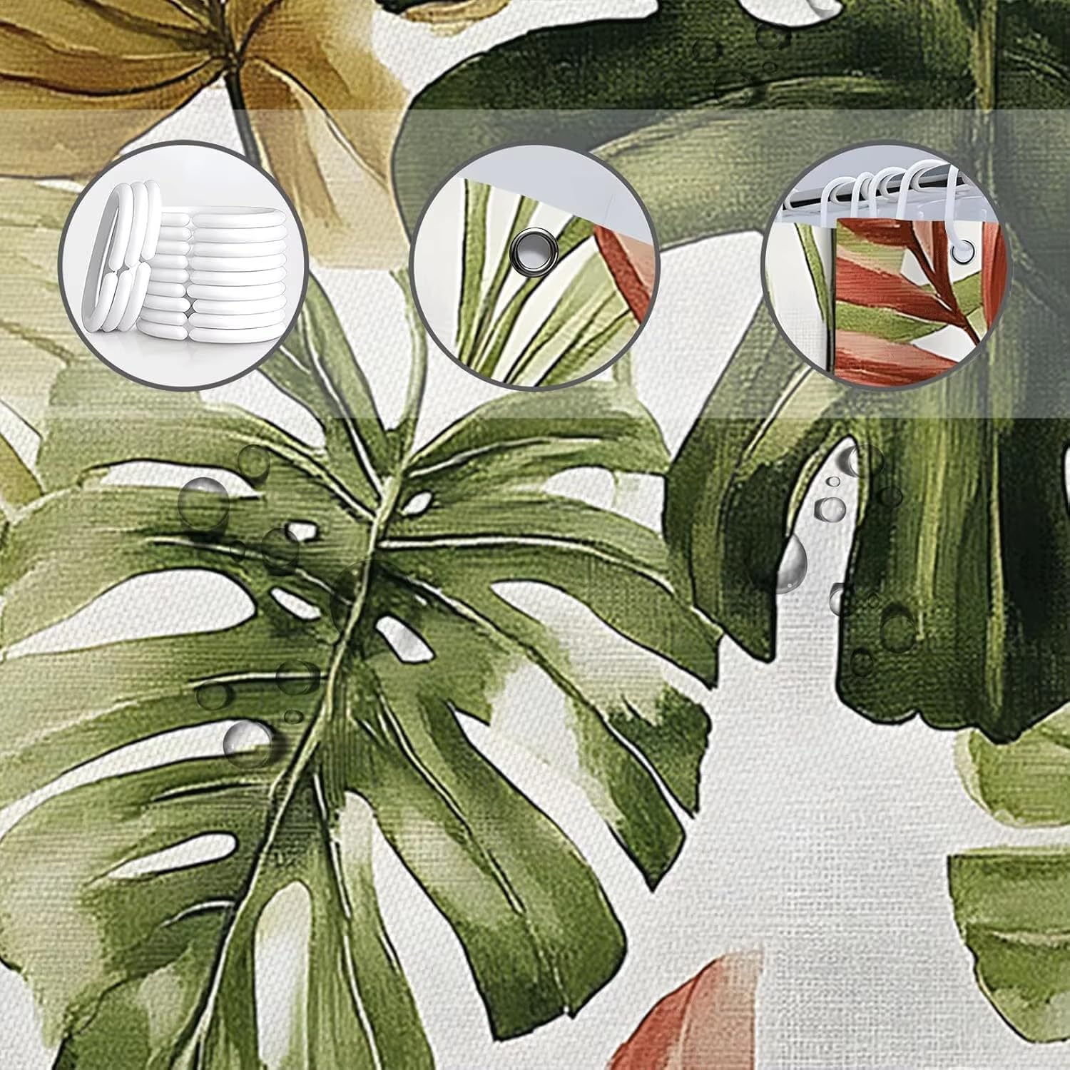 Zasłona prysznicowa z tropikalnymi liśćmi, zielone i brązowe palmy, Hawajska tkanina z haczykami (200 x 235 cm, przeciw pleśni)