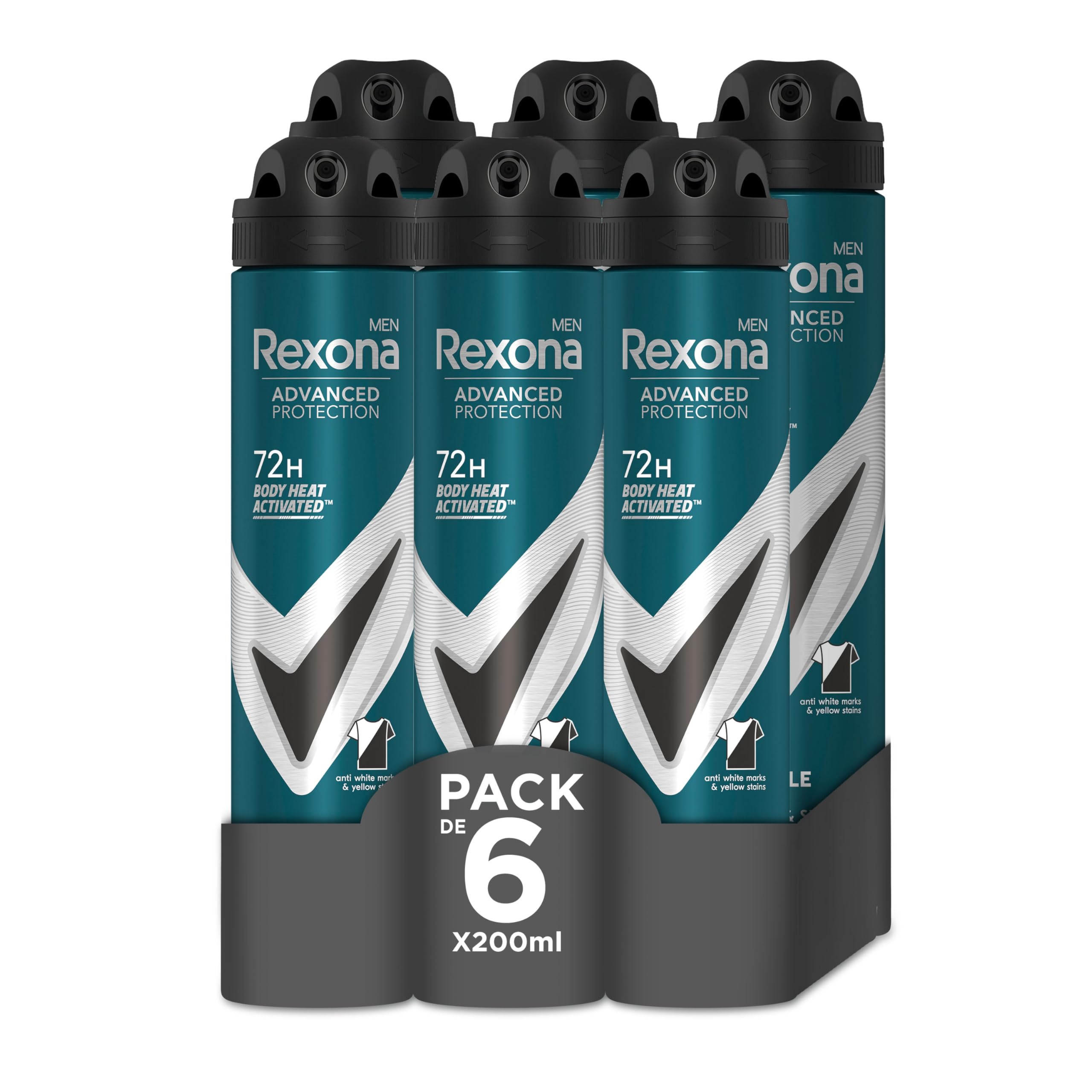 Rexona Invisible Black & White Advanced Protection 72h Lot de 6 déodorants anti-transpirants pour homme 200 ml