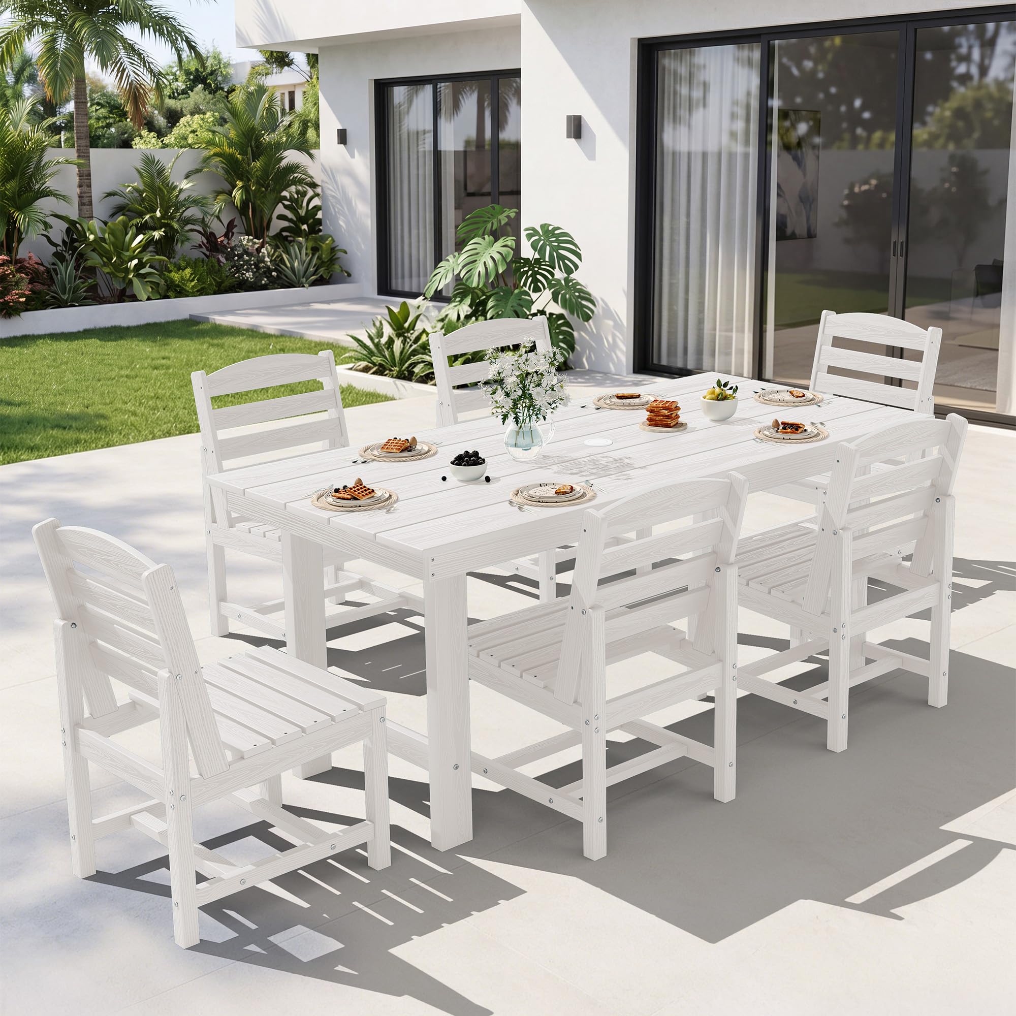 KINGYES 7-Piece Patio Dining Set, HDPE Table Armless Chairs Furniture White