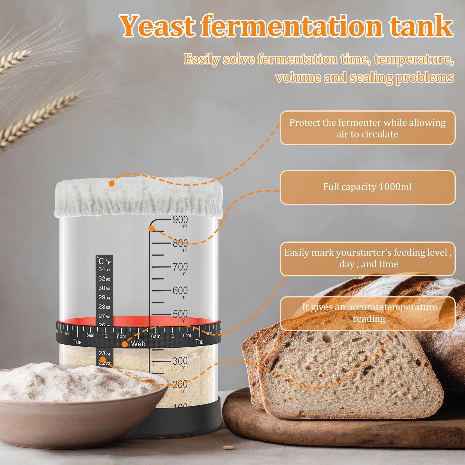 Kit Starter Per Lievito Madre 1000ml – Barattolo In Vetro Con Termometro, Fascia Data, Raschietto Silicone E Coperchi (Completo Per Pasta Madre) - 2