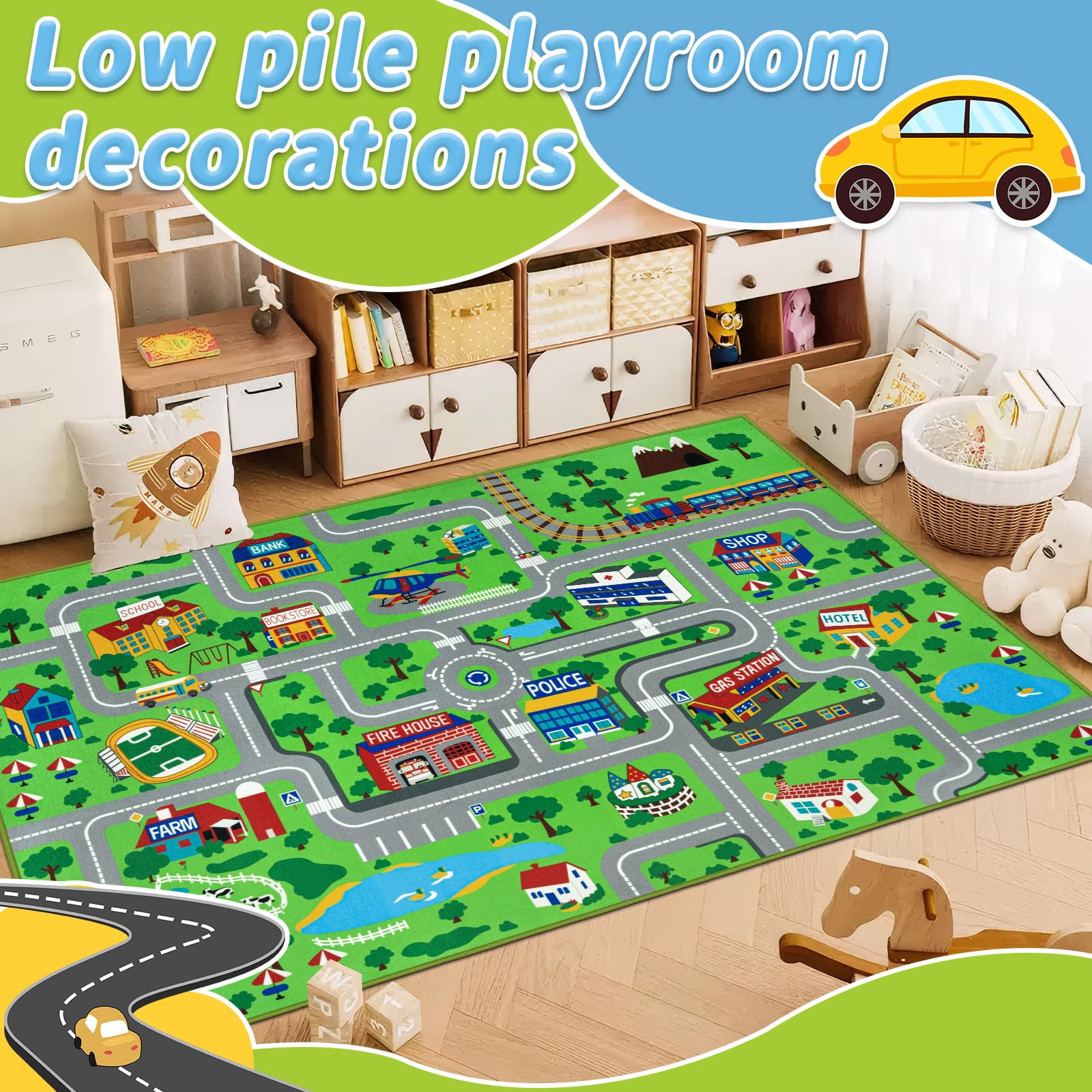 Capslpad Kinderteppich 150x200cm rutschfest Stadtplan Spielteppich Pädagogischer Spielteppich Maschinenwaschbar Kurzer Flor Autoteppich Kinder für Kinderzimmer Schlafzimmer Spielzimme Grün