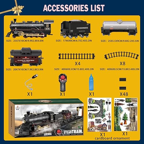 Miniatura 6 de Juego de tren eléctrico a control remoto, locomotora de vapor, vagón de carga y pistas, juguetes de tren recargables para niños con 3 humo, silbato