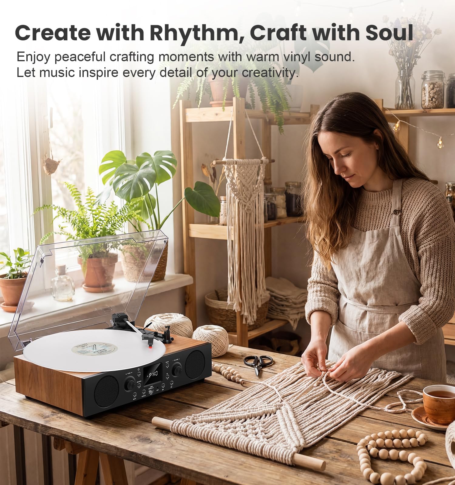Heritage Walnut - Giradischi in vinile, 3 velocità, Bluetooth, con altoparlanti integrati, cartuccia stilo Ruby, giradischi HiFi con trasmissione a cinghia con radio FM, display LCD