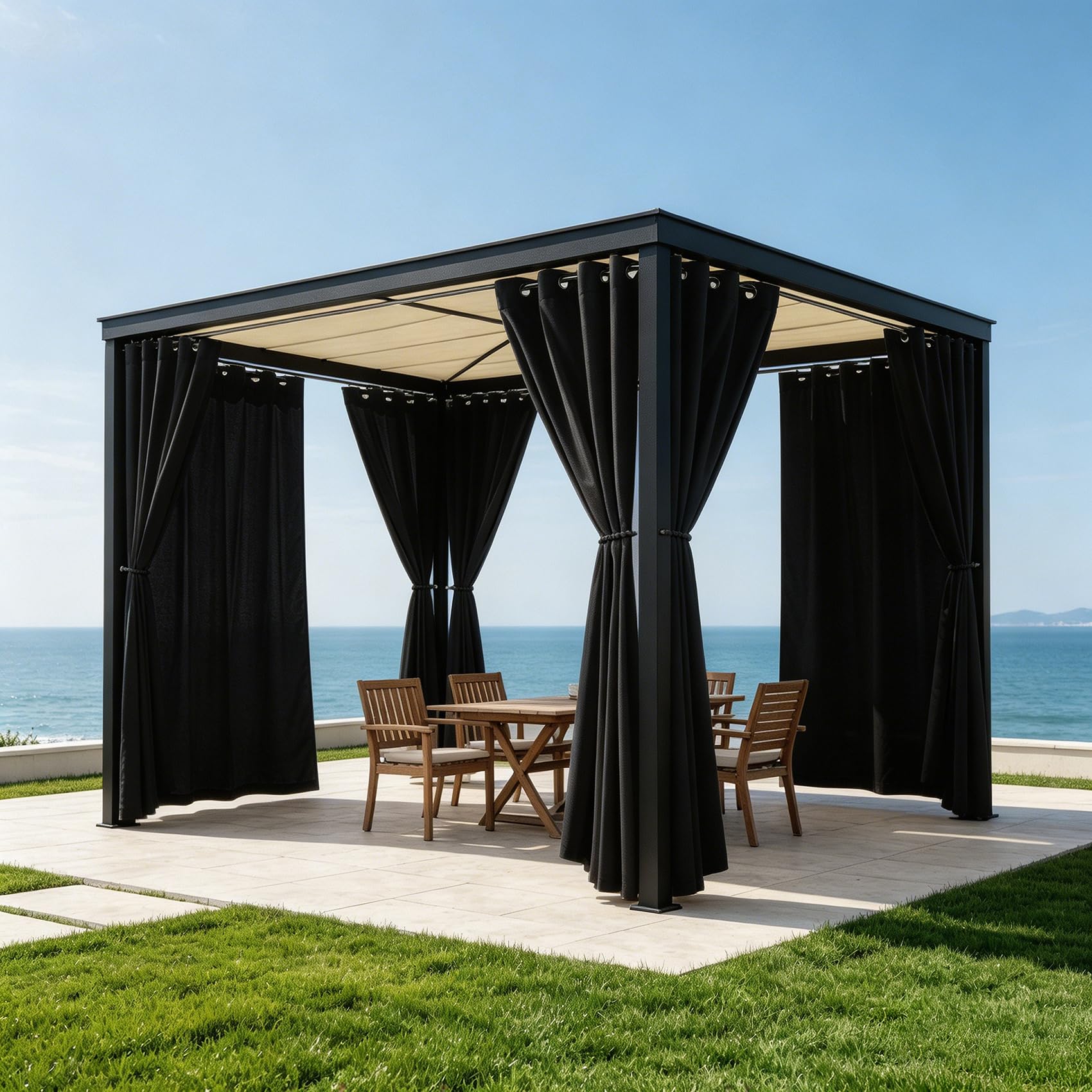Photo 1 of LZY 8 Panels Outdoor Curtains for Patio Waterproof - 52x84 Inches Black Blackout Curtains, Polyester Weatherproof Privacy Drapes for Patio Porch Gazebo Balcony Deck (Grommet Top)