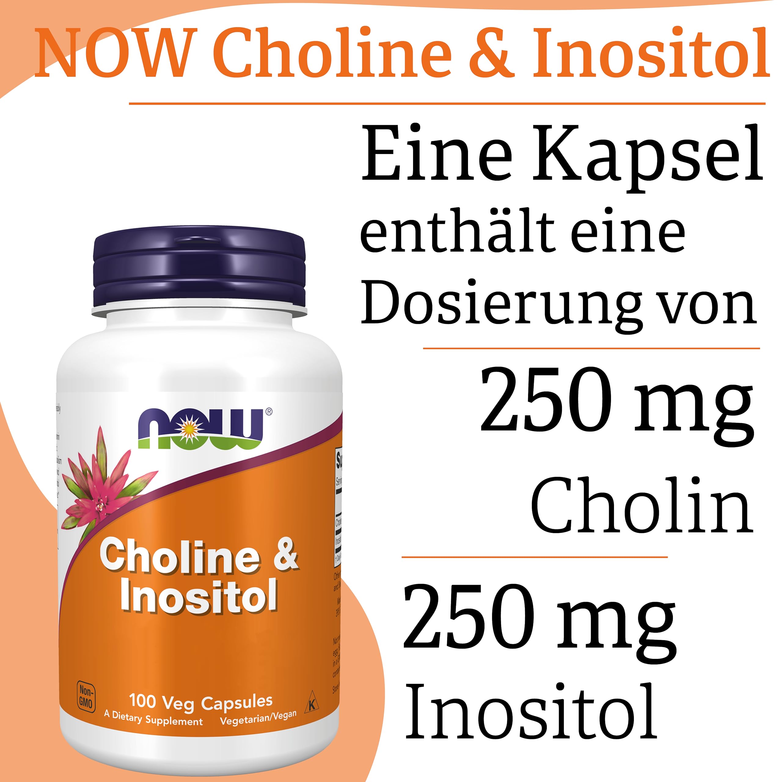 Now Foods, Choline & Inositol, 500 mg, 100 vegane Kapseln, Laborgeprüft, Vitamin B, Glutenfrei, Sojafrei, Vegetarisch