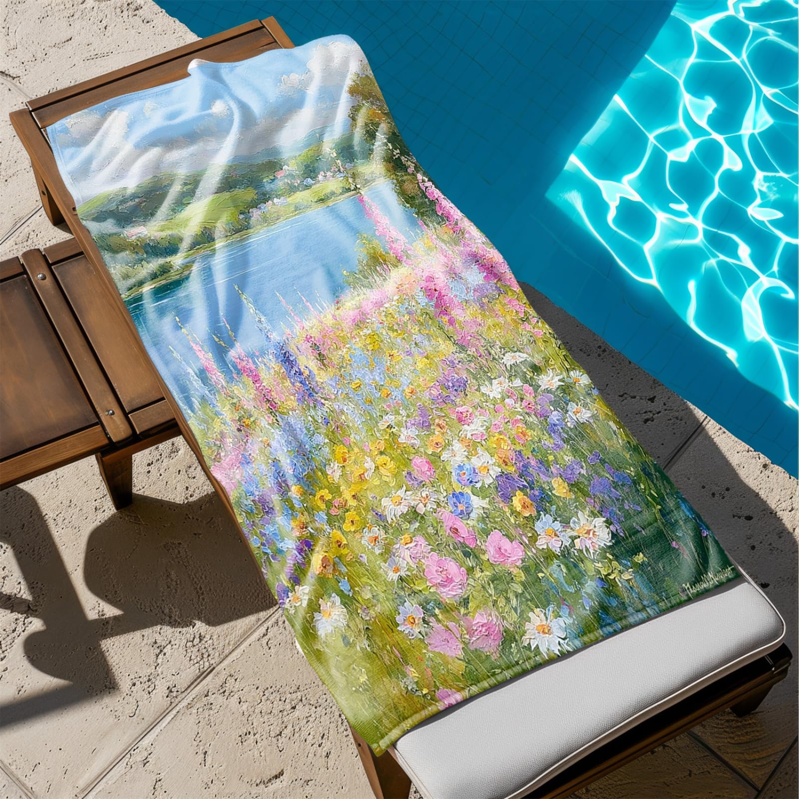 Tapis de Plage XXL Anti Sable Fleur De La Rivière Bleue Serviette Piscine Adulte,Natte De Plage Pliable, Voyage Accessoires De Plage Camping,Serviette de Bain Personnalisée