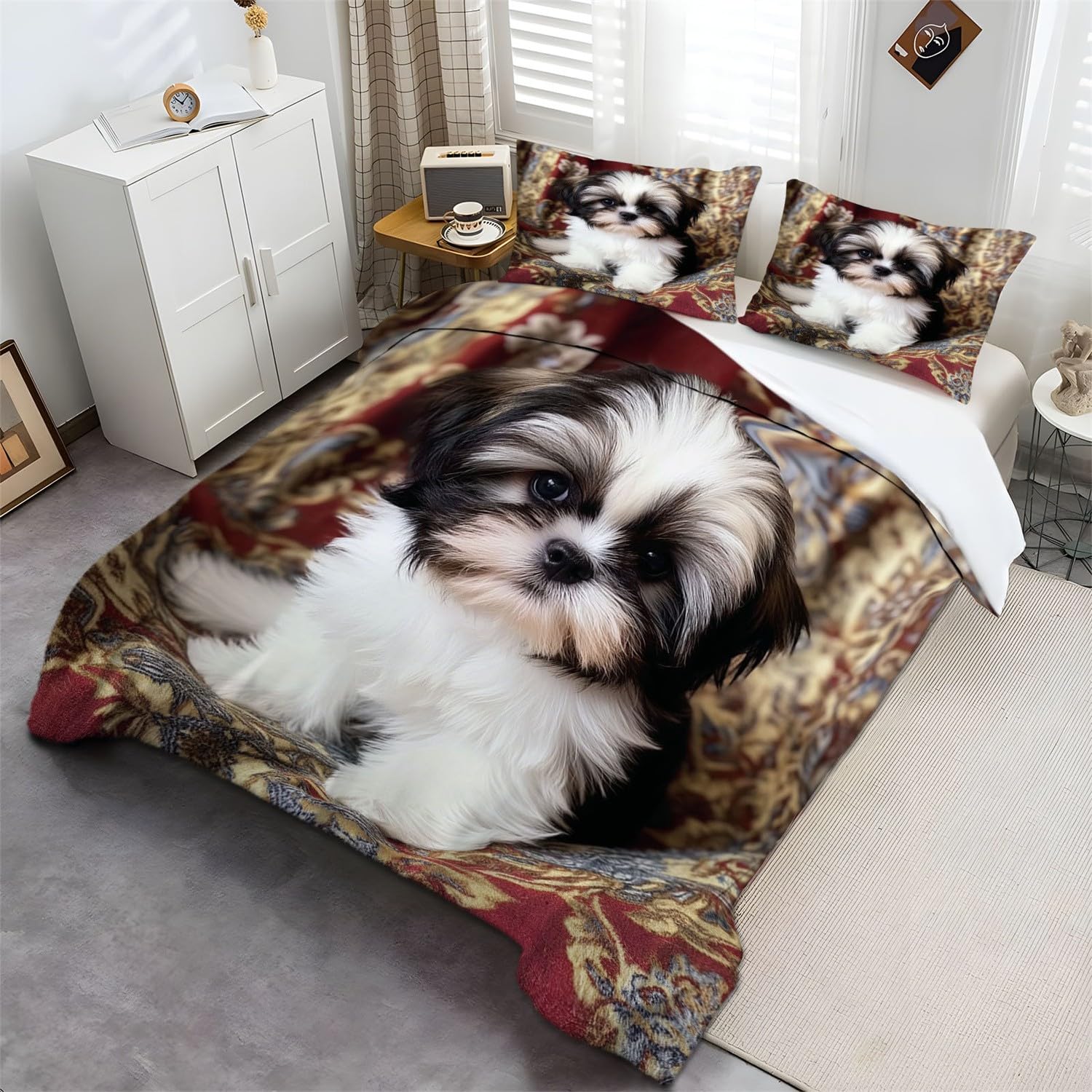 Print Duvet Cover Set Cute Shih Tzu Puppy Quilt Bedding Sets with Pillow Cases 200 x 200 cm Polycotton Luxury Quilt covers for Boys - Kids Duvet Set Black And White