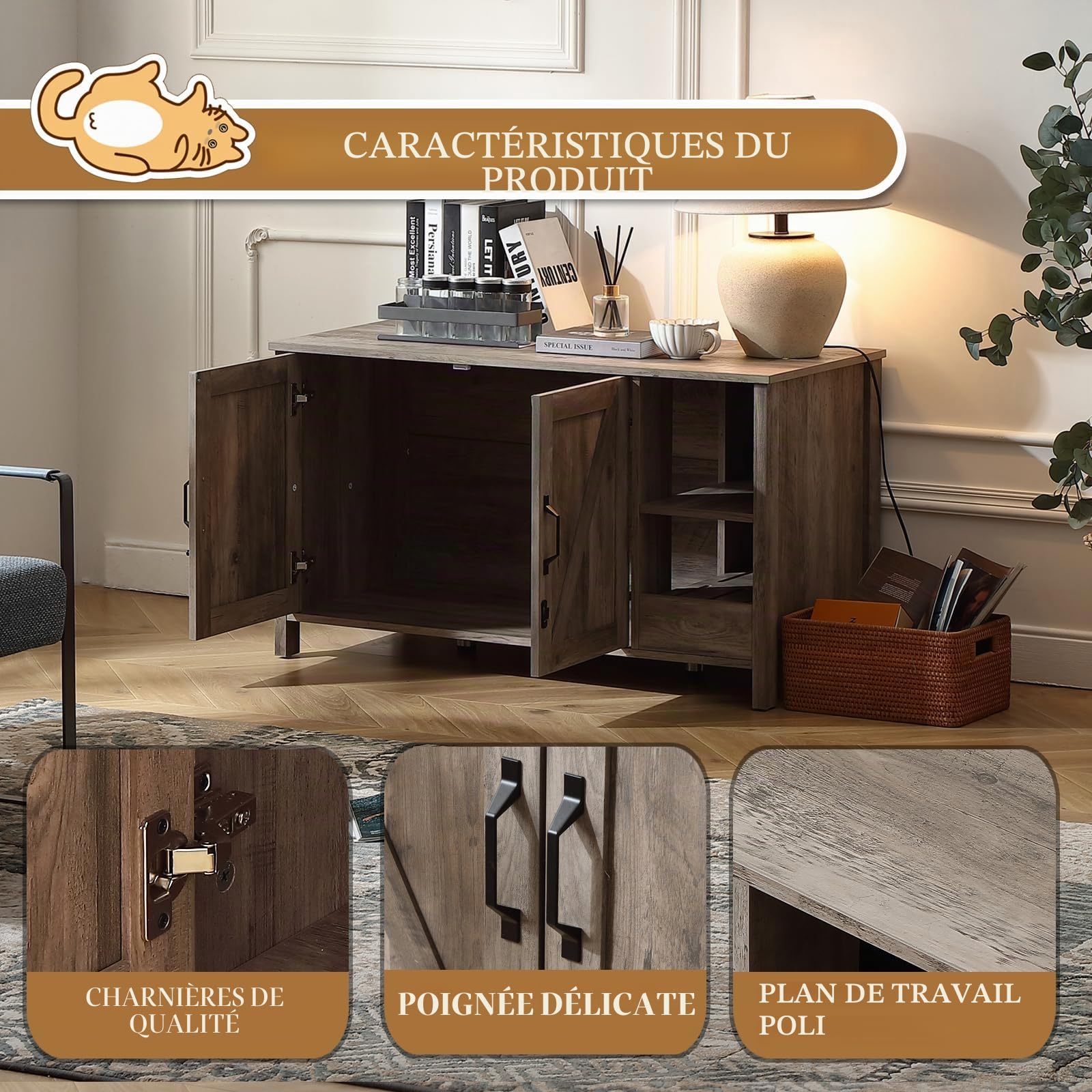 FOREST GRAVITY Cat Cabinet Armoire à Chat Litter Box Middle Cat Furniture Modern 105 * 50 * 60 cm Maison pour Chat avec Porte et cloison séparée Grey