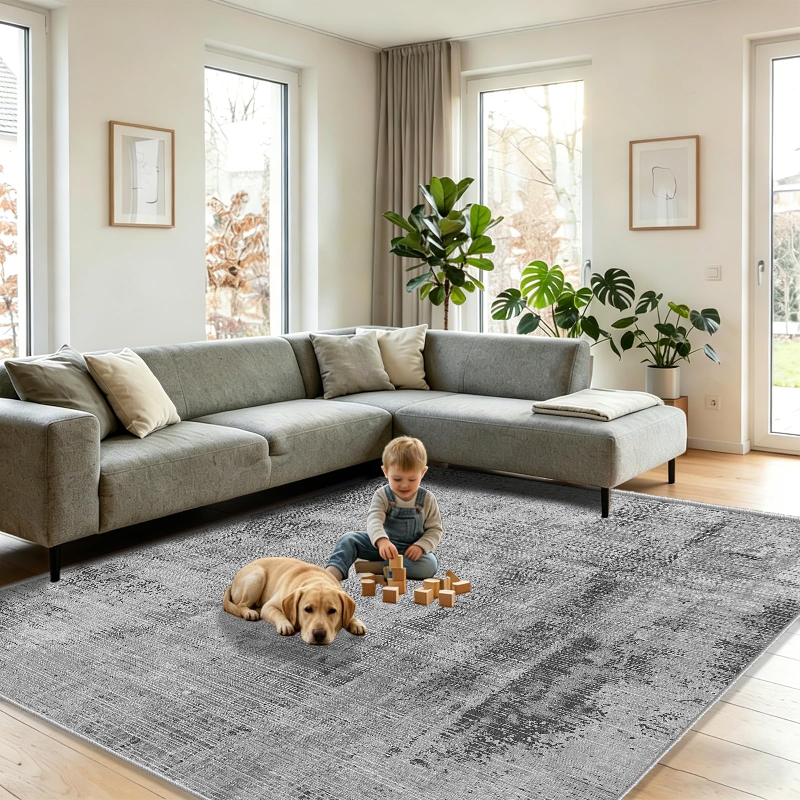 WUTONG Tappeto Salotto 160x230cm,Grigio Moderno Morbido Tappeto Camera da Letto Lavabile,Astratto Pelo Corto,Antiscivolo per Soggiorno Ufficio Cucina