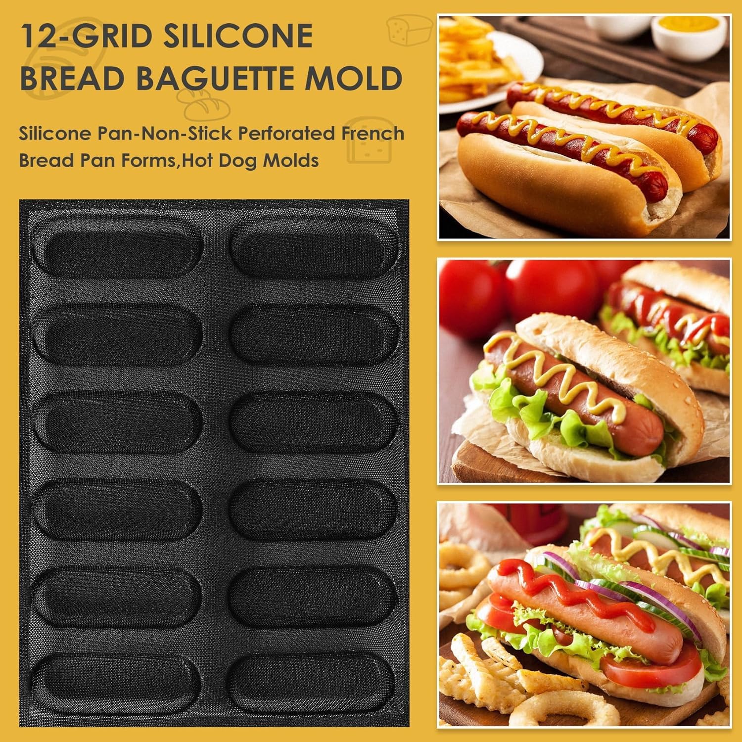 Moule à pain en silicone - Anti-adhésif - Perforé - Moule à pain français - Moule à hot dog - Moule à pain (12 loaf, noir)